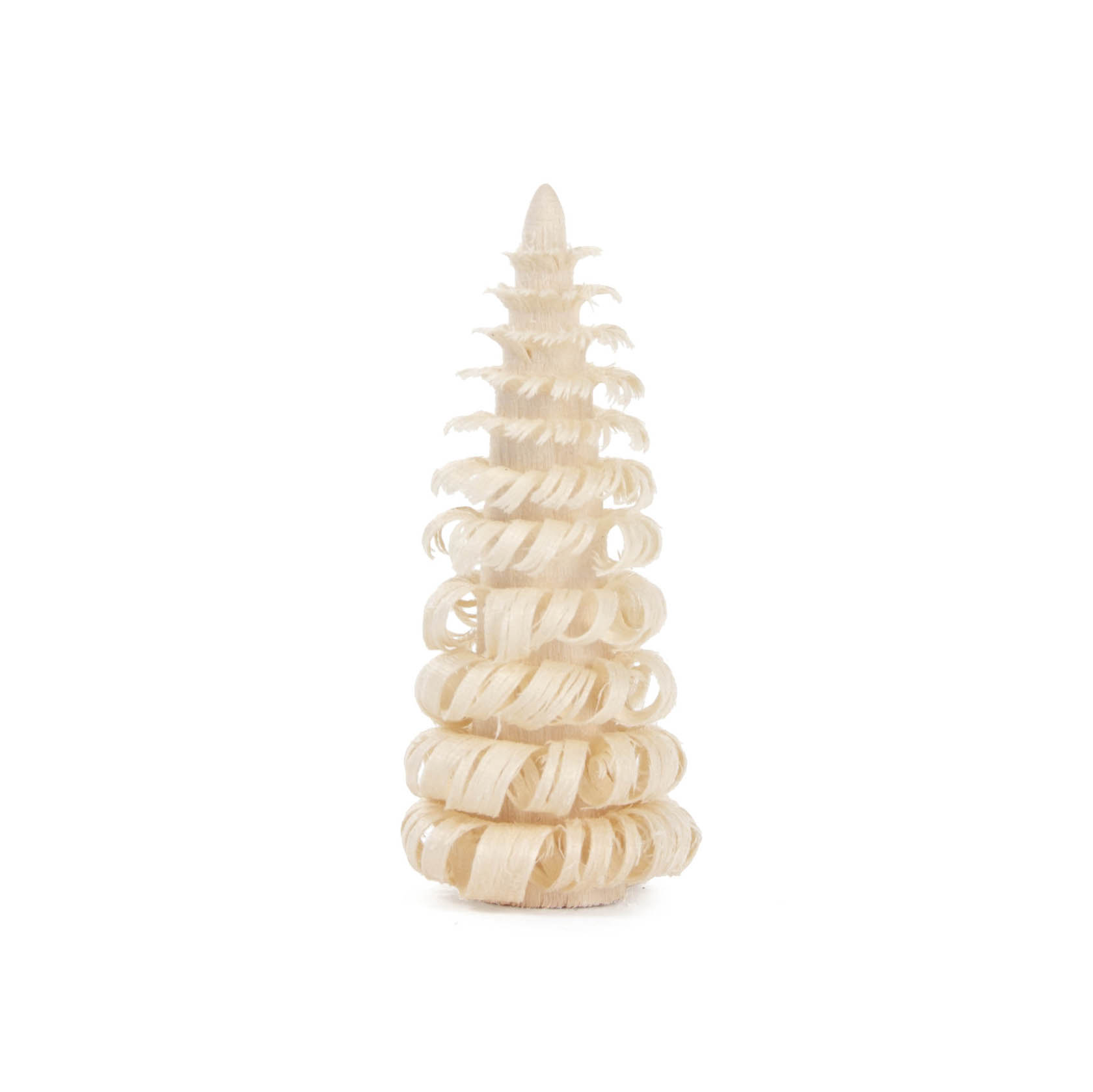 Ein 5 cm großer Ringelbaum aus hellem Naturholz, bestehend aus spiralförmig geschnittenen Holzringen, die sich nach oben verjüngen. im Dregeno Online Shop günstig kaufen