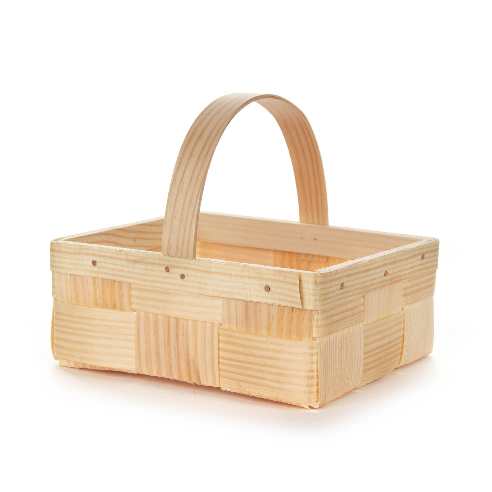 Ein rechteckiger Spankorb aus hellem Holz mit einem breiten Henkel, der oben über den Korb ragt. im Dregeno Online Shop günstig kaufen