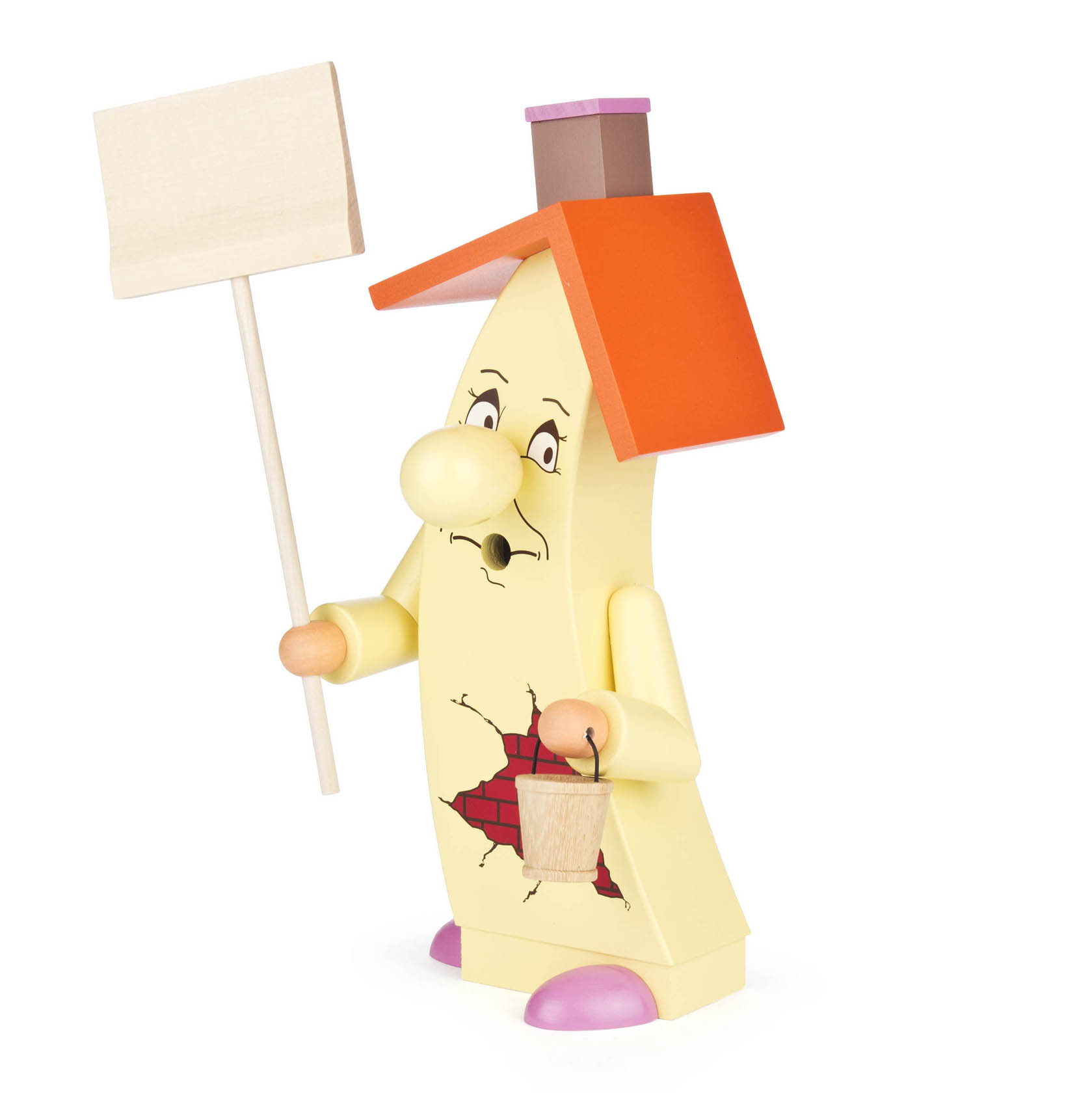 Eine hölzerne Räucherfigur in Form eines gelben Hauses mit einem roten Dach, Händen und Gesicht, hält ein Schild und einen Eimer. im Dregeno Online Shop günstig kaufen