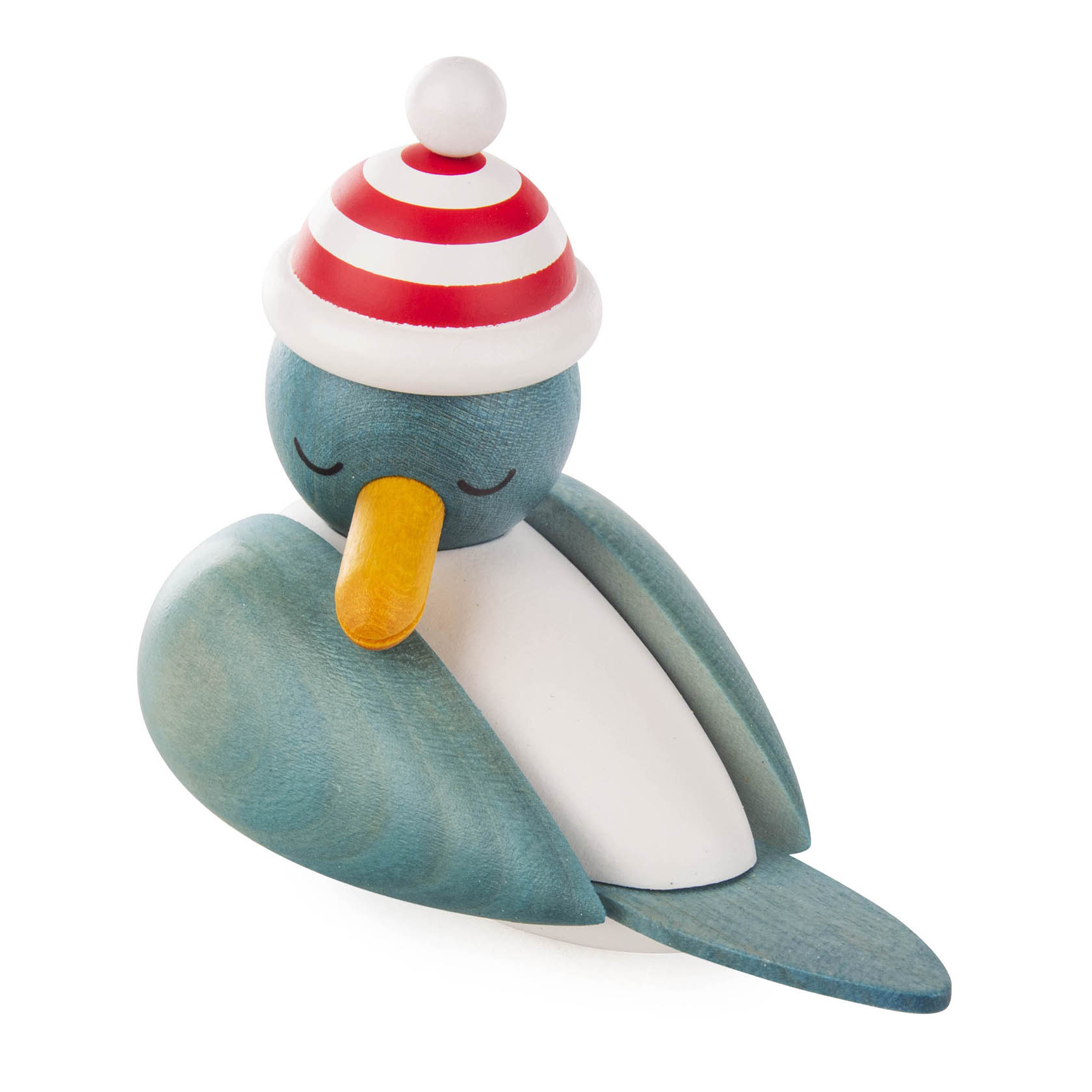 Blaue, schlafende Möwe, trägt eine rot-weiß gestreifte Mütze. Die Möwe hat geschlossene Augen und einen gelben Schnabel.