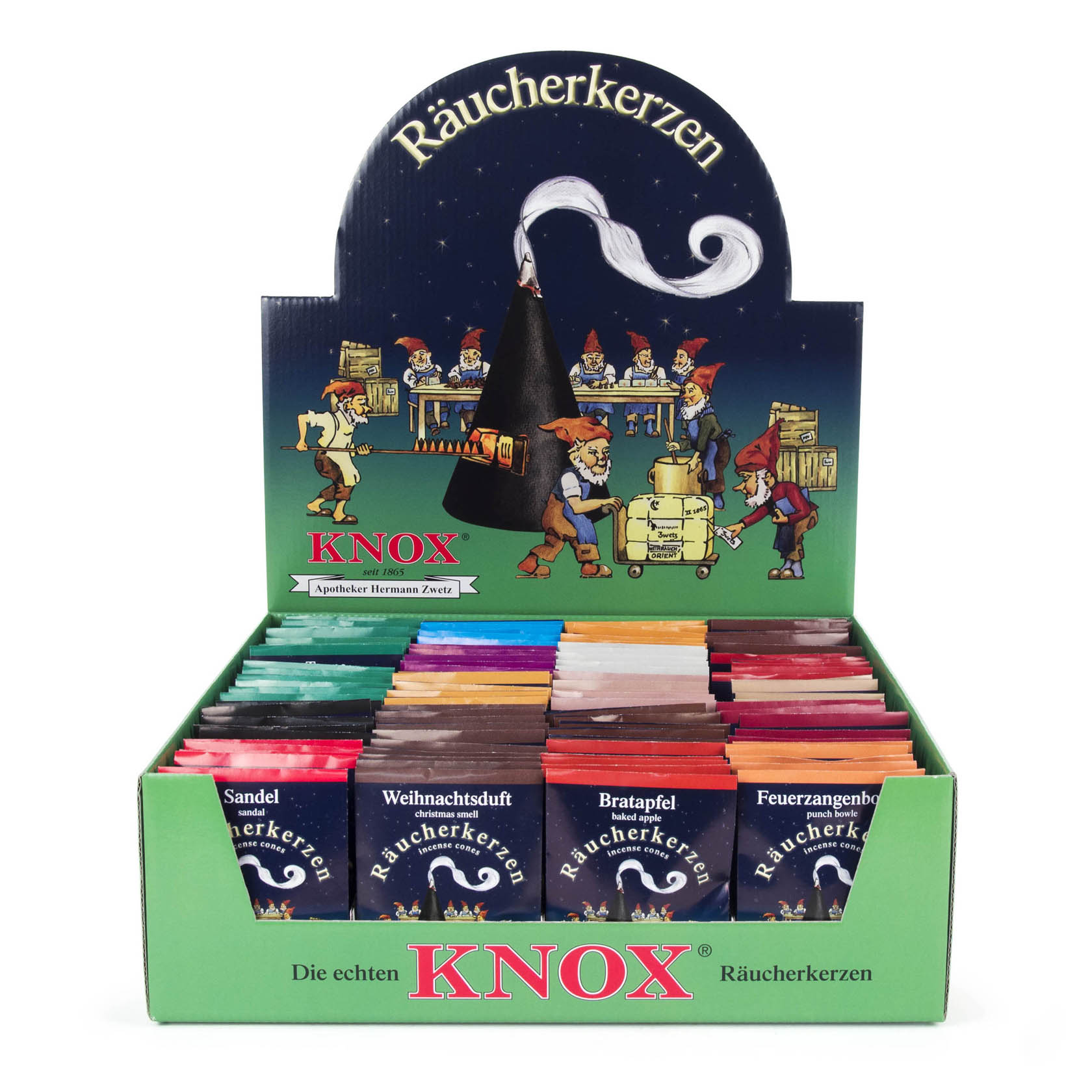 Ein Verkaufsdisplay von KNOX-Räucherkerzen mit 100 Beuteln à 5 Stück in verschiedenen Düften. Das Display zeigt die Aufschrift 'Die echten KNOX Räucherkerzen'. im Dregeno Online Shop günstig kaufen