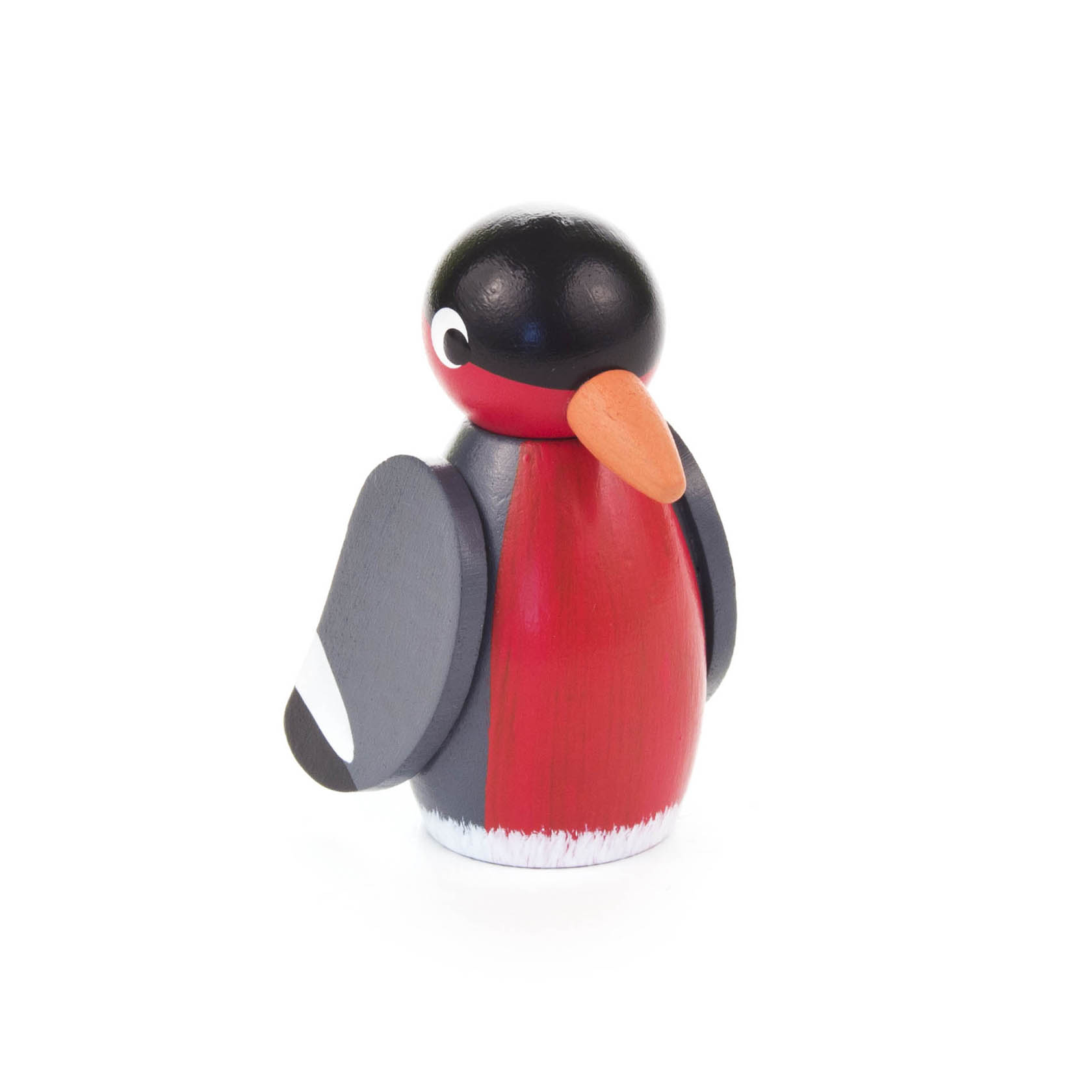 Ein handgefertigter Holtvogel in Rot und Grau mit orangem Schnabel, schwarzem Kopf und Detailbemalungen steht aufrecht da.
