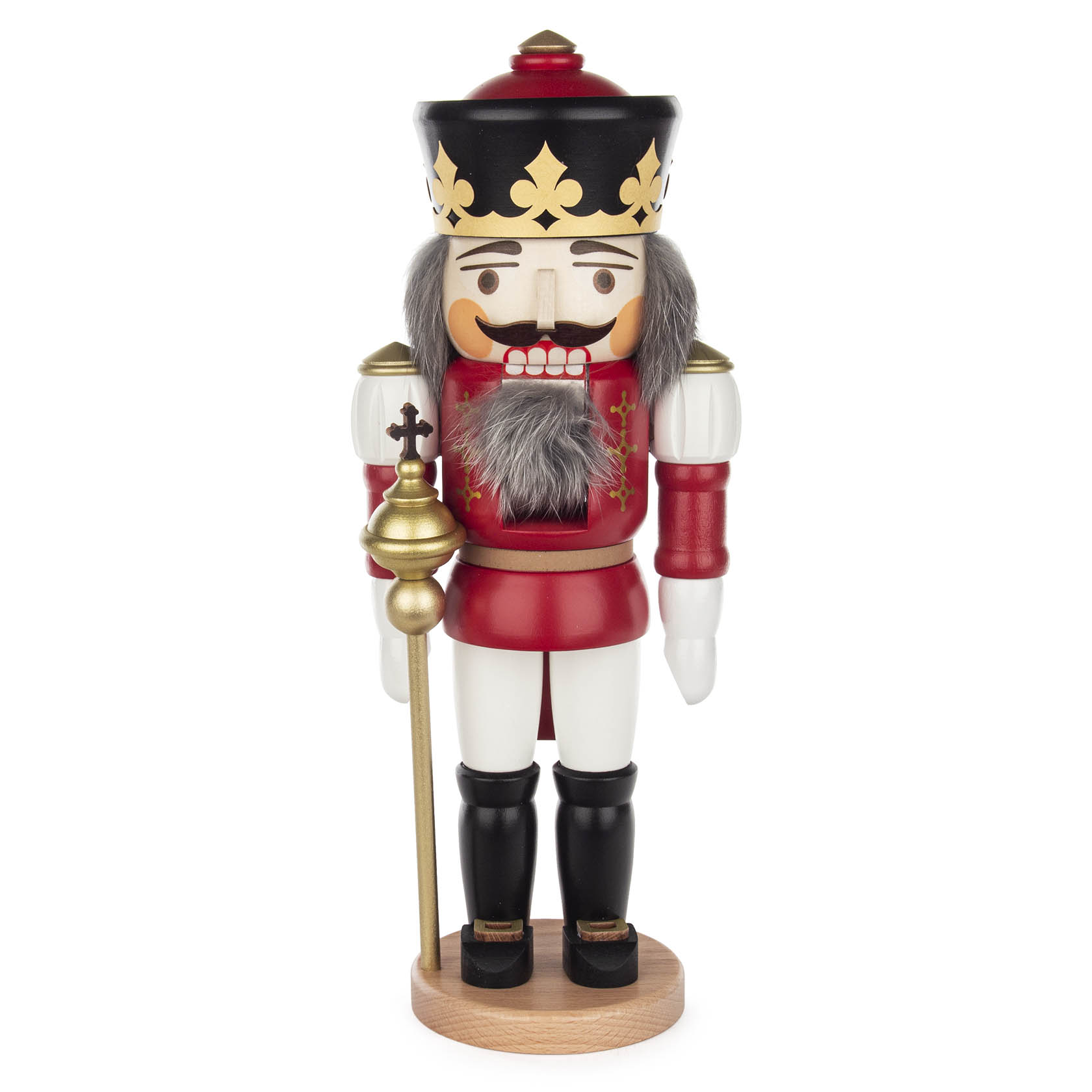 Ein roter Nussknacker in Königskleidung mit schwarzem Hut, goldenen Details und Bart. Er hält ein Zepter in der linken Hand und steht auf einem Holzsockel. im Dregeno Online Shop günstig kaufen