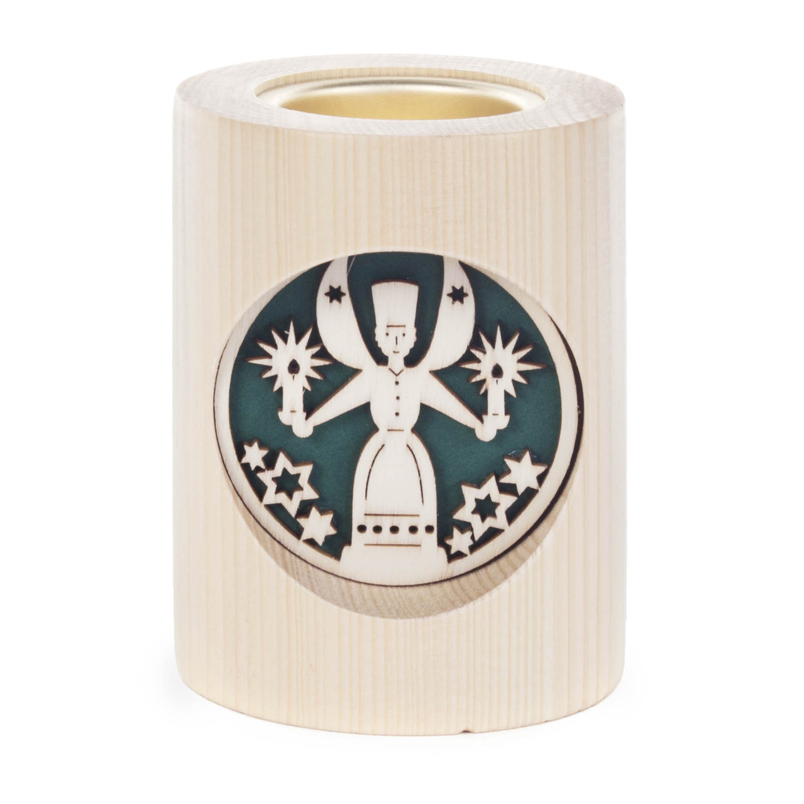 Wooden tealight holder with an engraved image of a miner holding stars, surrounded by carved star shapes and a teal background.