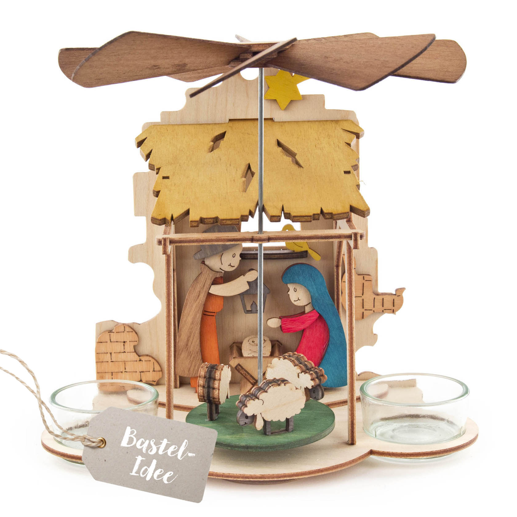 Holz-Bastelset für eine Wand- oder Tischpyramide mit einer Krippenszene, bestehend aus Josef, Maria, Jesuskind und zwei Schafen samt Teelichthaltern. im Dregeno Online Shop günstig kaufen