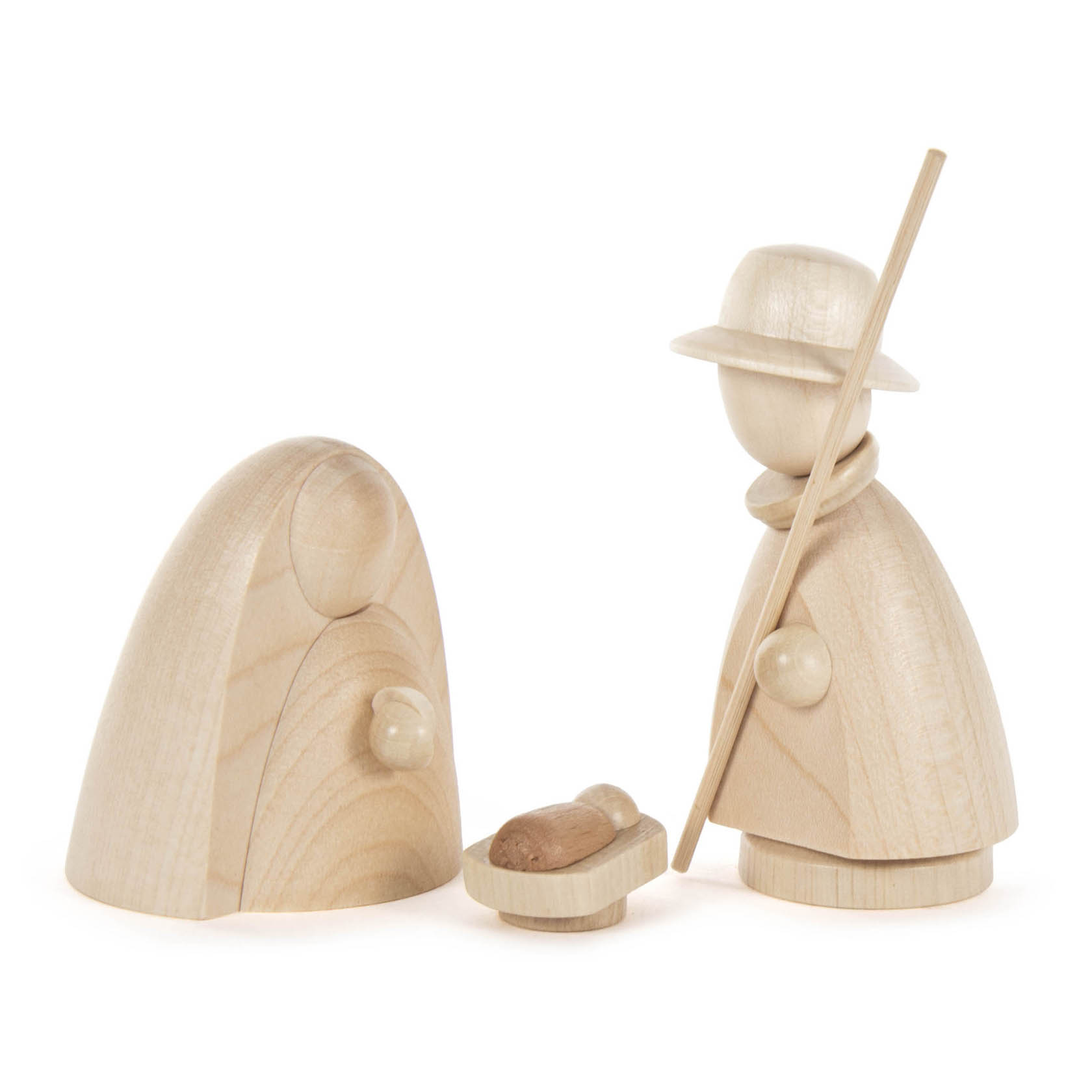 Moderne Holzfigurengruppe der Heiligen Familie: Maria, Josef mit Stab und dem Christkind in der Krippe, aus hellem Holz geschnitzt. im Dregeno Online Shop günstig kaufen