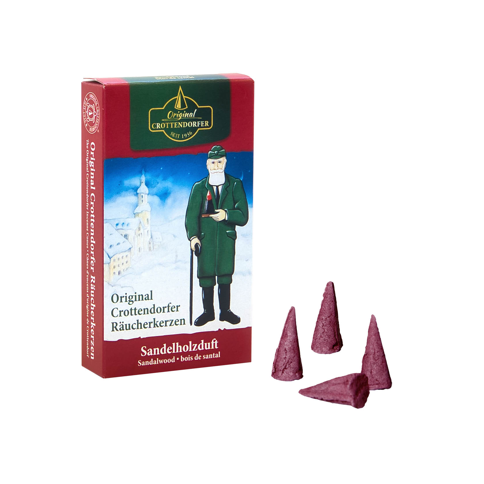 Eine Packung Crottendorfer Räucherkerzen mit Sandelholzduft. Auf der Packung ist ein Mann in traditioneller Kleidung abgebildet. Drei Räucherkerzen sind sichtbar. im Dregeno Online Shop günstig kaufen