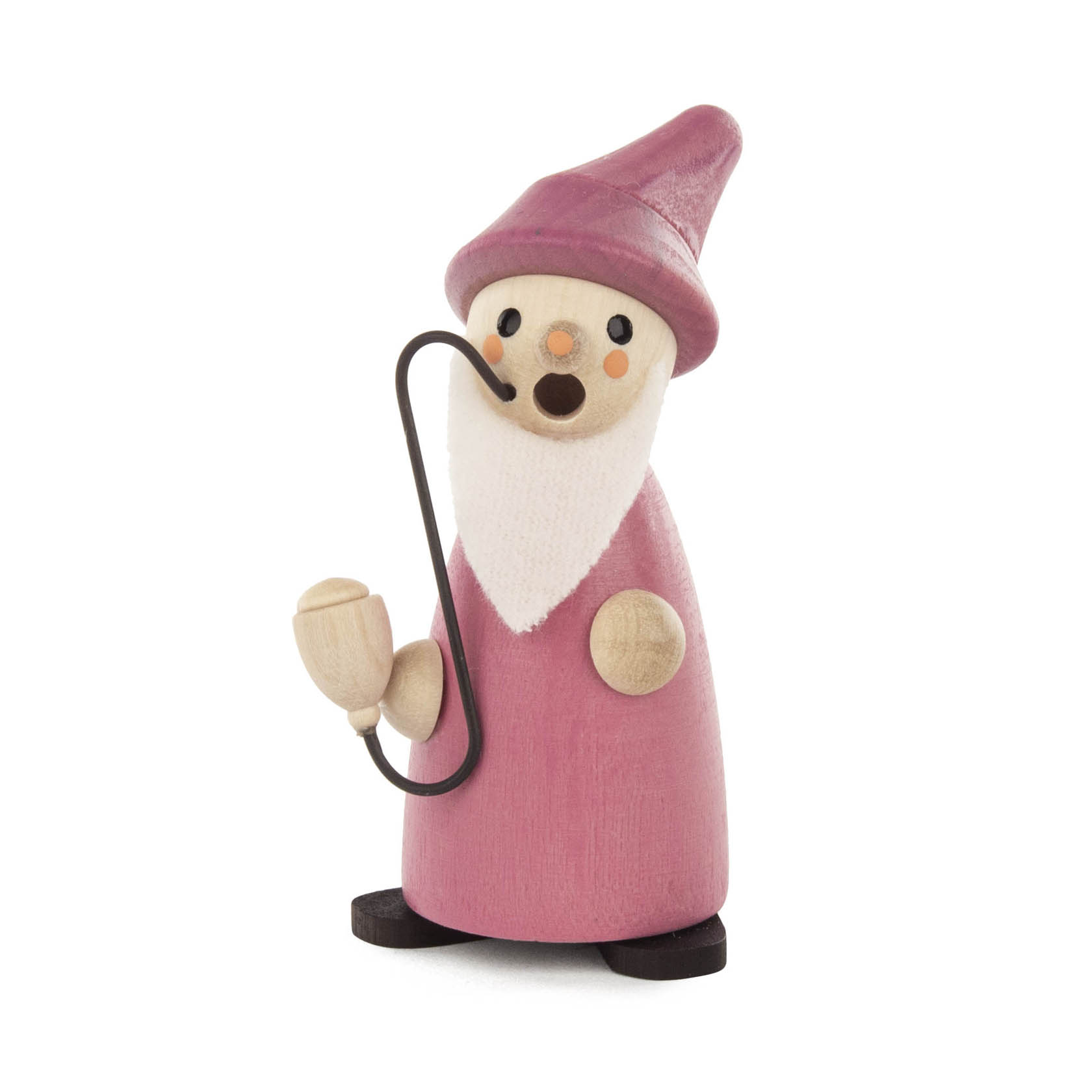 Ein Mini-Räuchermann in Form eines Wichtels namens Berry. Er trägt ein rosafarbenes Gewand und eine passende Mütze. In der Hand hält er eine Pfeife. im Dregeno Online Shop günstig kaufen