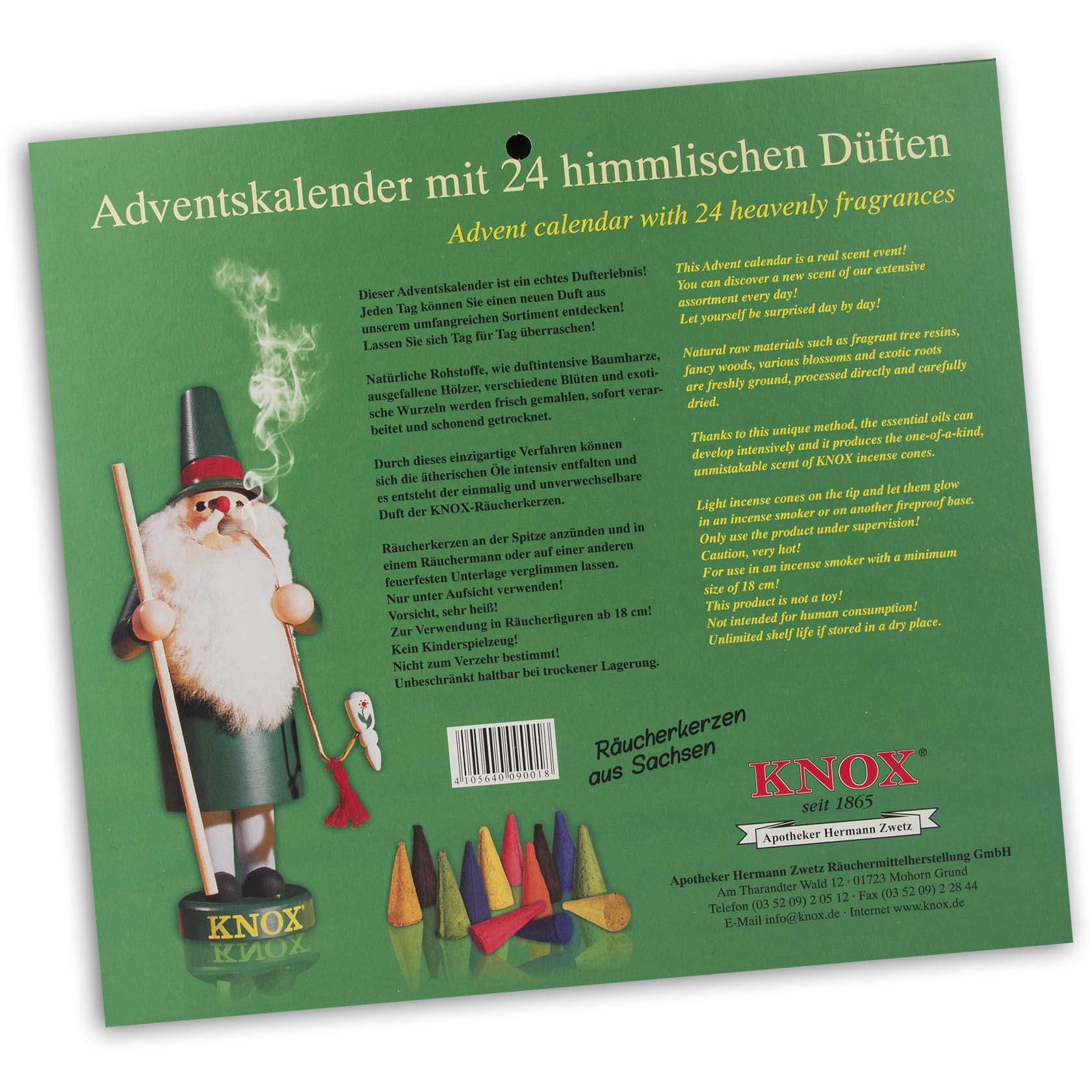 KNOX Advent calendar with 24 heavenly fragrances, featuring a festive image of a smoking Santa figurine next to small incense cones.