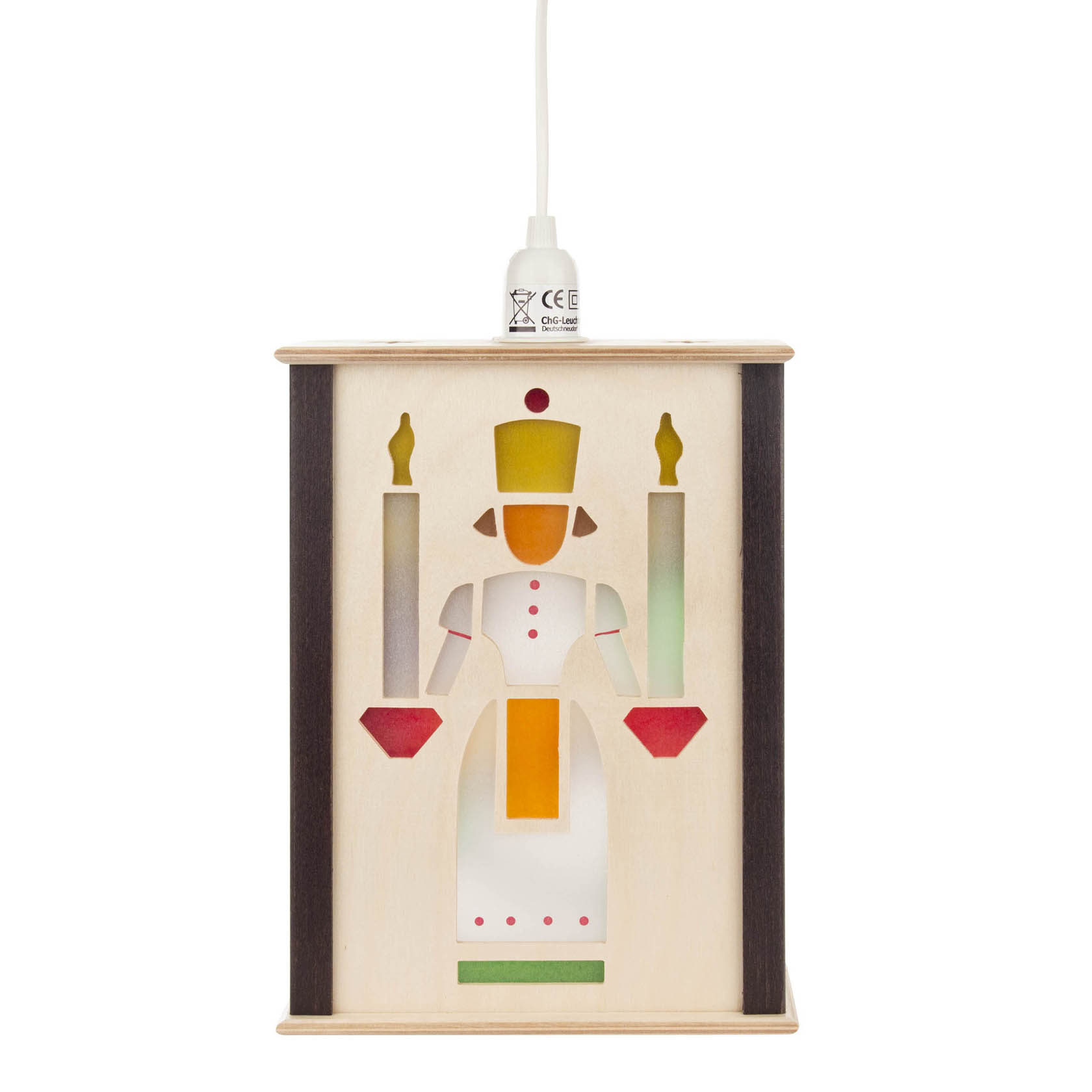 Eine Fensterlaterne zeigt eine stilisierte Frau mit zwei Kerzen, bekannt als Lichterengel, in Weiß und Gelb mit roten Akzenten. im Dregeno Online Shop günstig kaufen