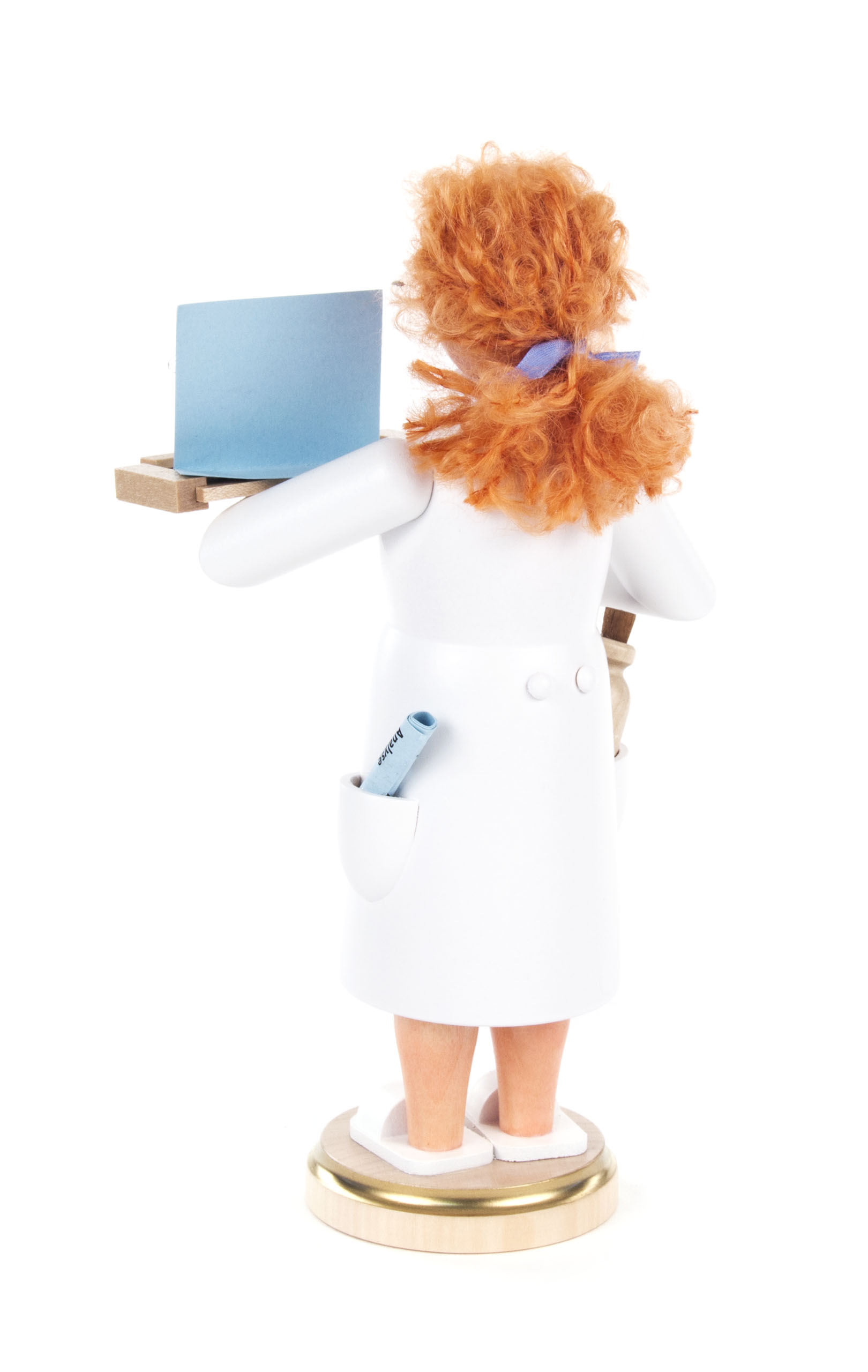 Wooden incense smoker figure of a female chemist with curly red hair, holding wooden test tubes and a notebook.