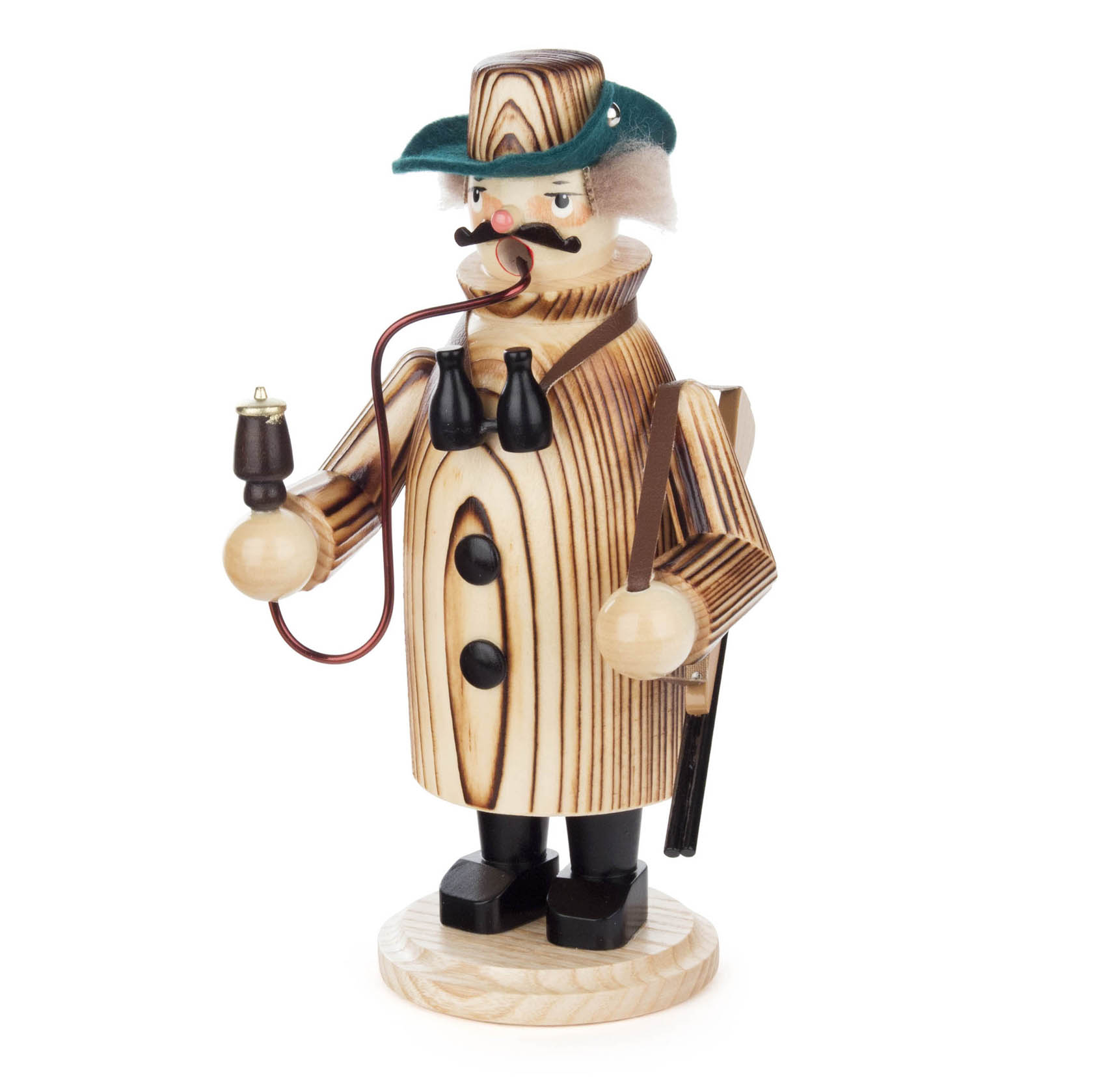 Holzfigur eines Räuchermännchens in Jägerkleidung mit Pfeife, Rucksack und Fernglas um den Hals. im Dregeno Online Shop günstig kaufen