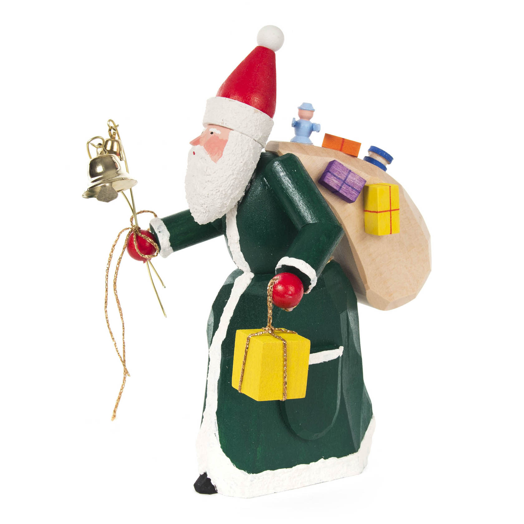 Grüner, geschnitzter Weihnachtsmann mit rotem Hut, hält Glocken und einen gelben Würfel, trägt einen Geschenkesack auf dem Rücken. im Dregeno Online Shop günstig kaufen