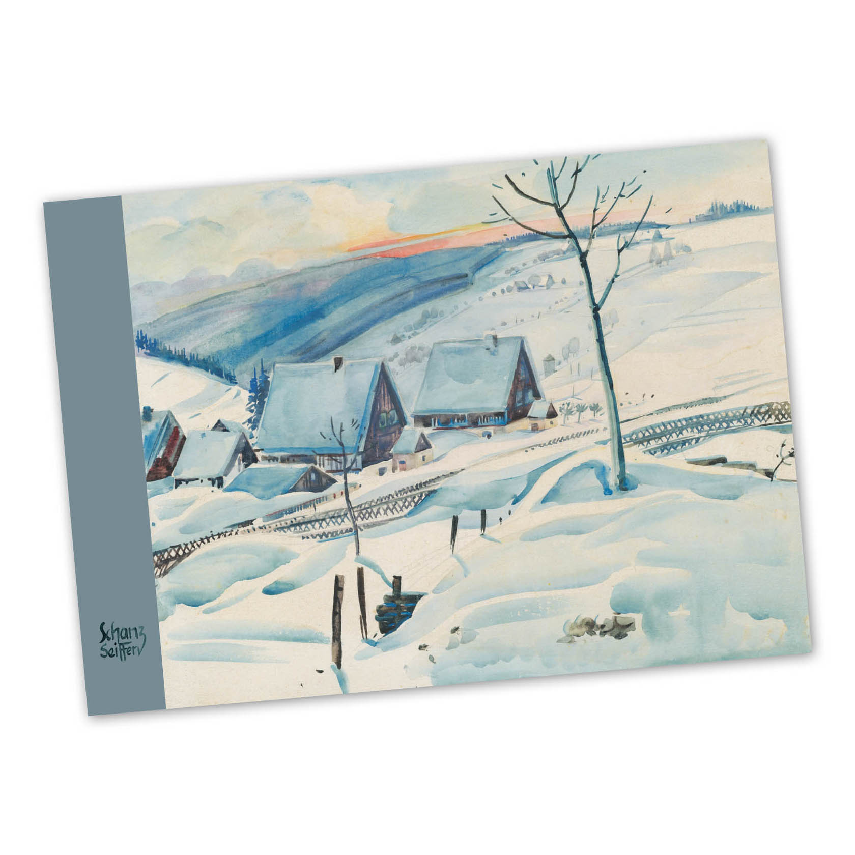 A serene winter landscape painting by Max Schanz, depicting snow-covered houses and hills during sunset. Bare tree in the foreground. im Dregeno Online Shop günstig kaufen