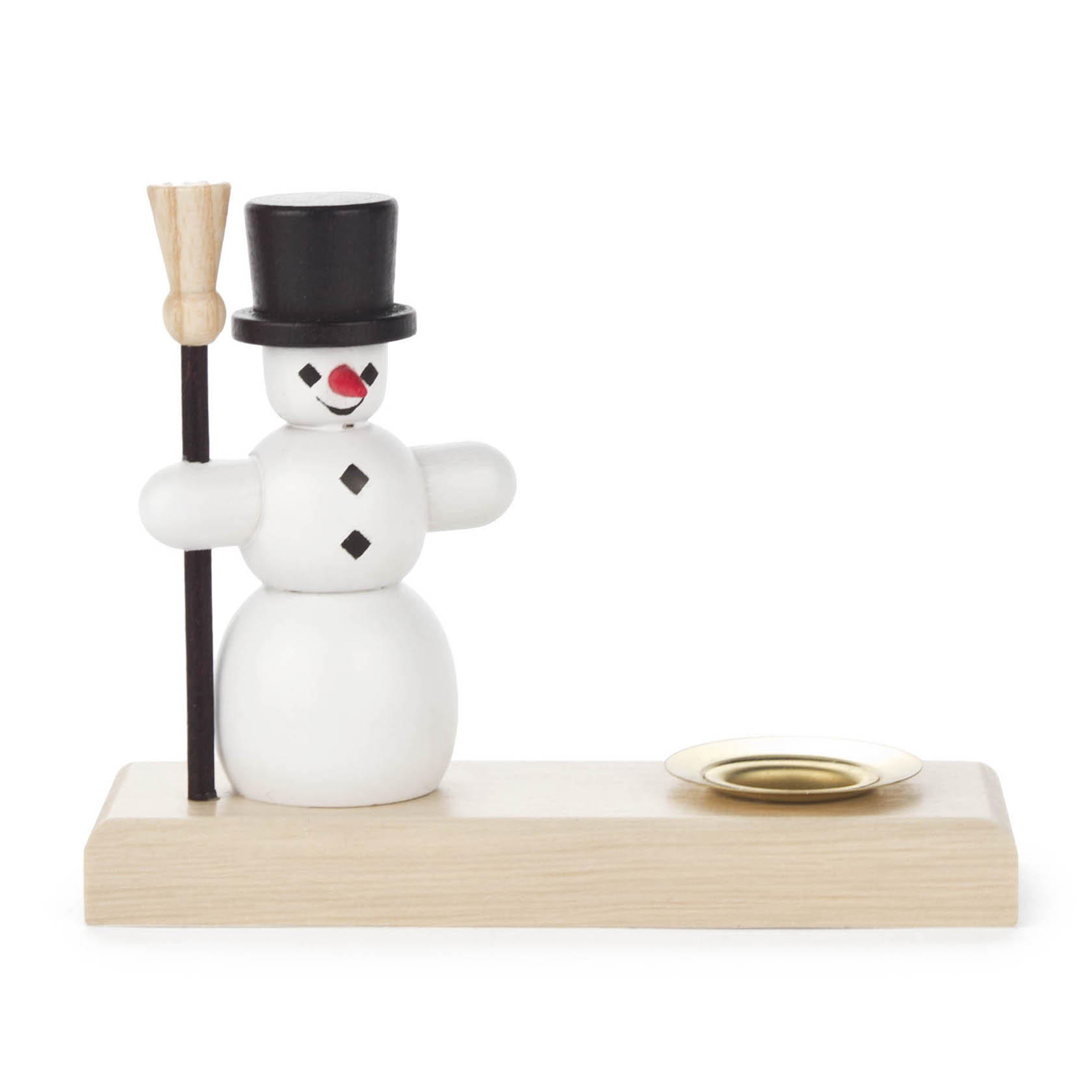 Holzkerzenhalter mit Schneemann, Besen und Kerzenteller für 14mm Kerze. im Dregeno Online Shop günstig kaufen
