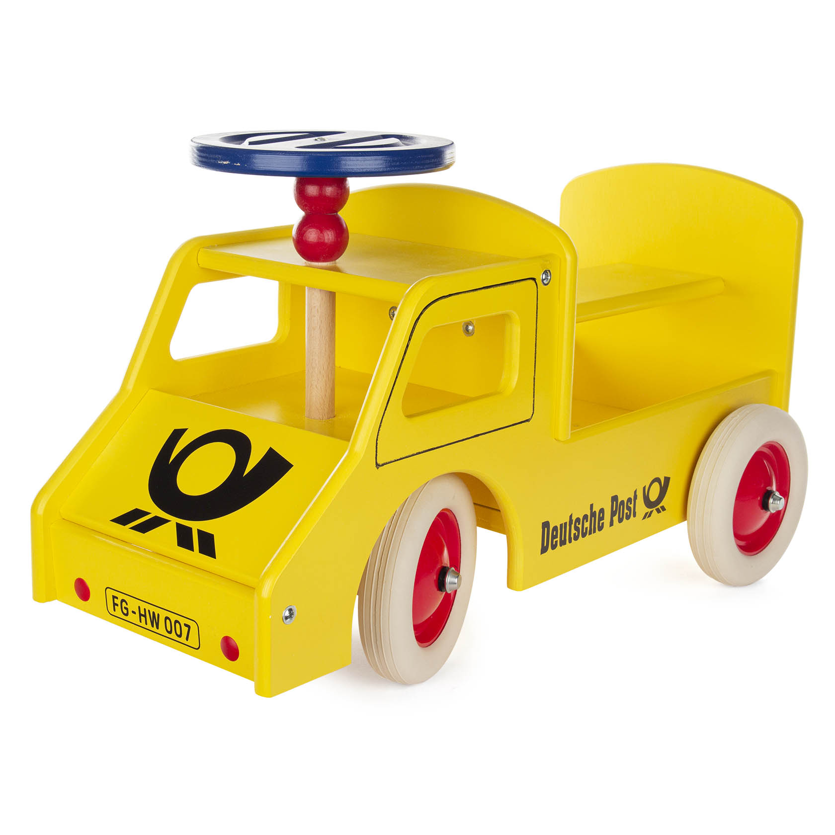 Gelbes Rutschauto im Stil eines Postautos, mit Lenkung und Kunststoffrädern, Aufdruck 'Deutsche Post' und Posthorn-Logo. im Dregeno Online Shop günstig kaufen