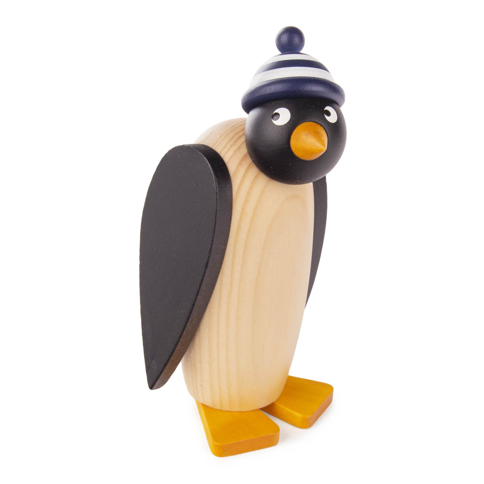 Holzpinguin mit schwarzem Kopf, schwarz-weiß gestreifter Mütze, schwarzen Flügeln, orangefarbenem Schnabel und Füßen. im Dregeno Online Shop günstig kaufen