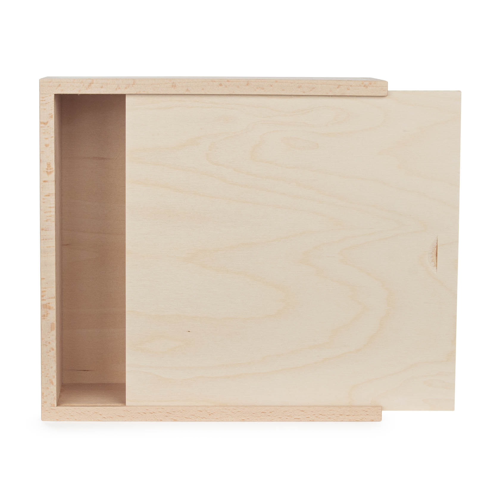 Unlackierter Holzkasten mit Schiebedeckel, teilweise geöffnet, aus hellem Holz.