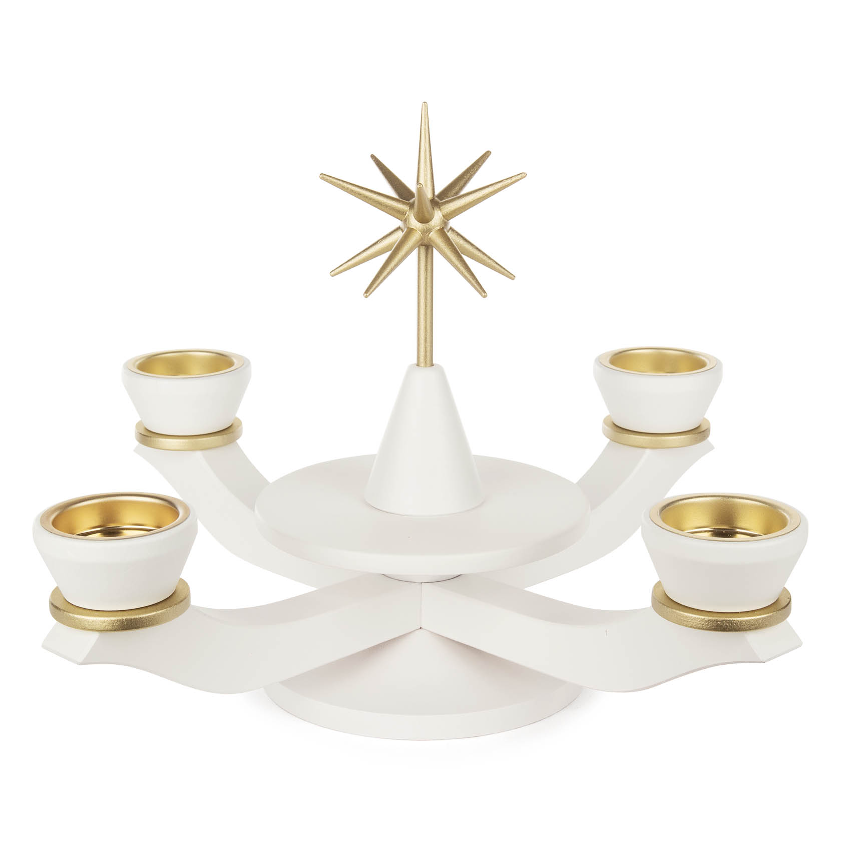 Weißer Adventsleuchter für Teelichte mit einem goldenen Stern in der Mitte und vier Armen, die jeweils einen Teelichthalter tragen. im Dregeno Online Shop günstig kaufen