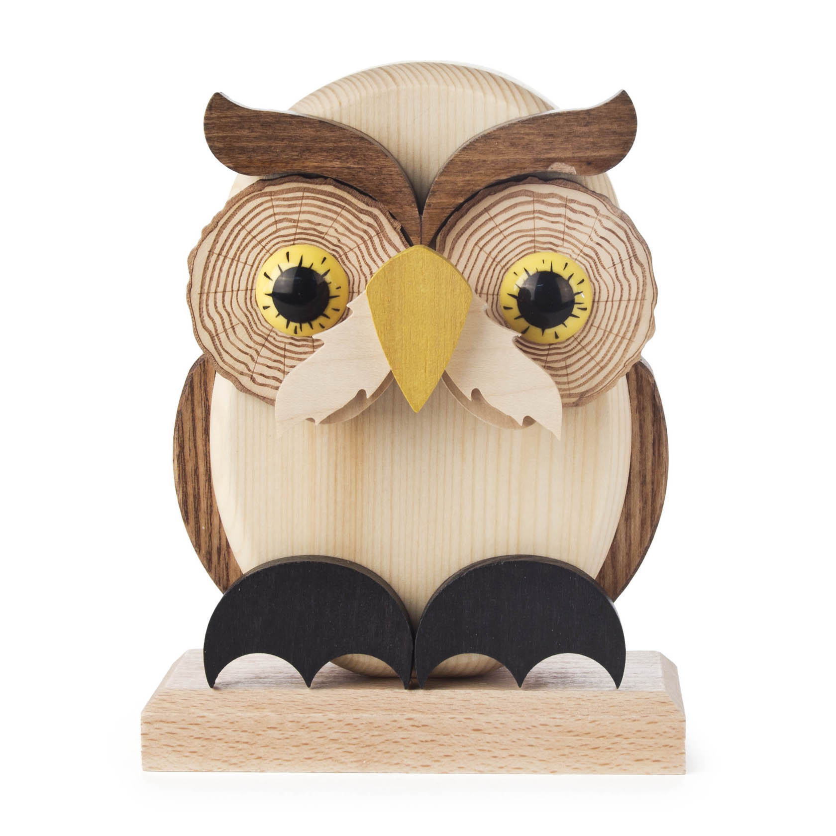 Brillenhalter in Form einer Eule aus Holz, mit detaillierten Verzierungen wie Augen, Schnabel und Flügeln. Maße: ca. 11 x 12 x 13 cm. im Dregeno Online Shop günstig kaufen