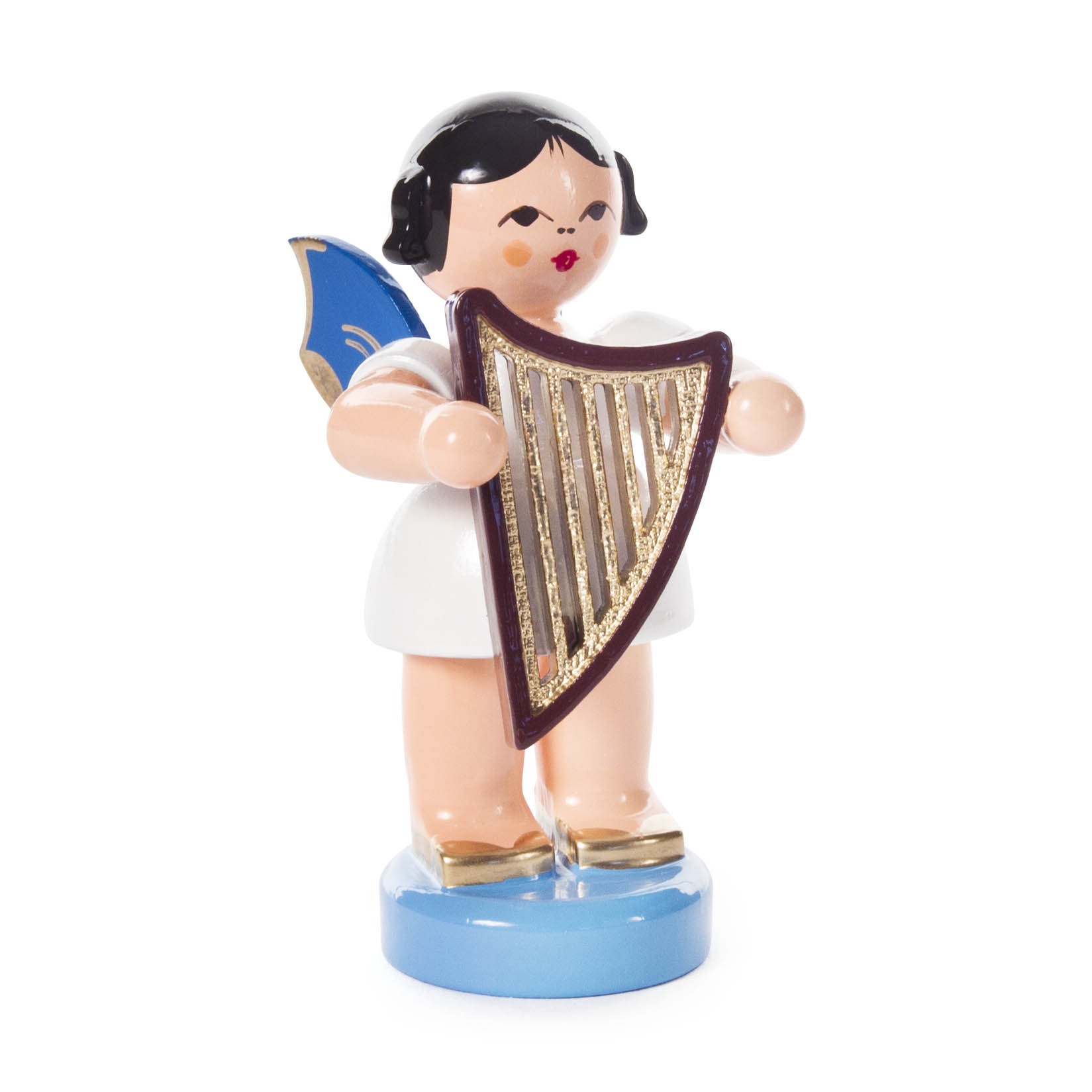 Holzengel-Figur mit blauen Flügeln, stehend und eine goldene Harfe haltend, bemalt mit schwarzem Haar und rotem Mund. im Dregeno Online Shop günstig kaufen