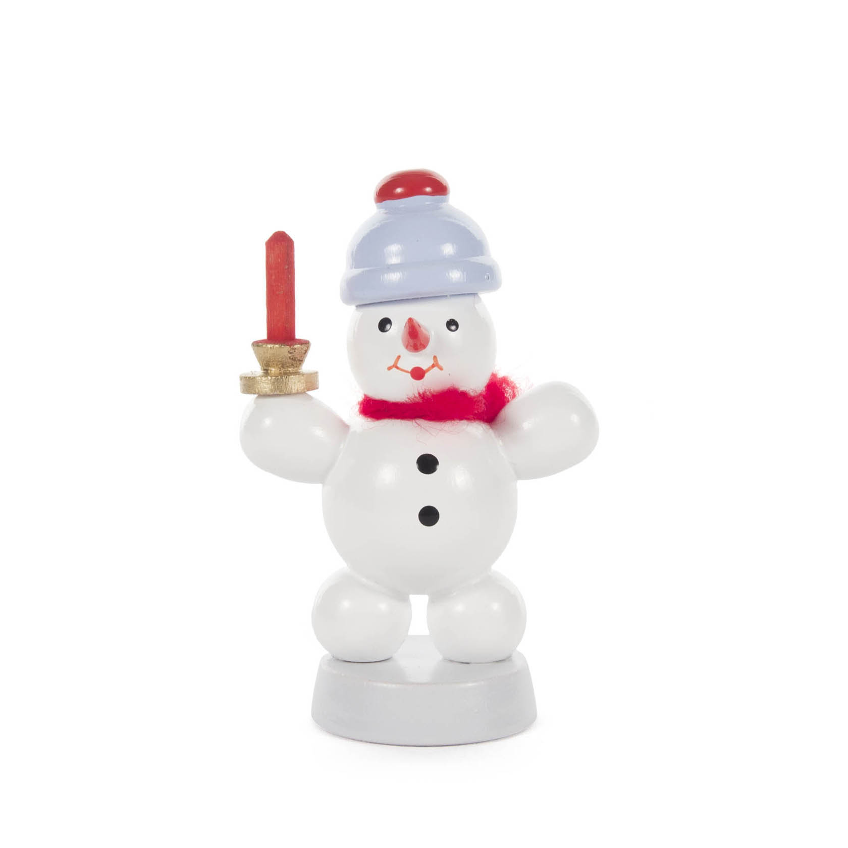 Ein kleiner, fröhlich aussehender Schneemann mit blauer Mütze und rotem Schal hält eine rote Kerze in seiner rechten Hand. im Dregeno Online Shop günstig kaufen