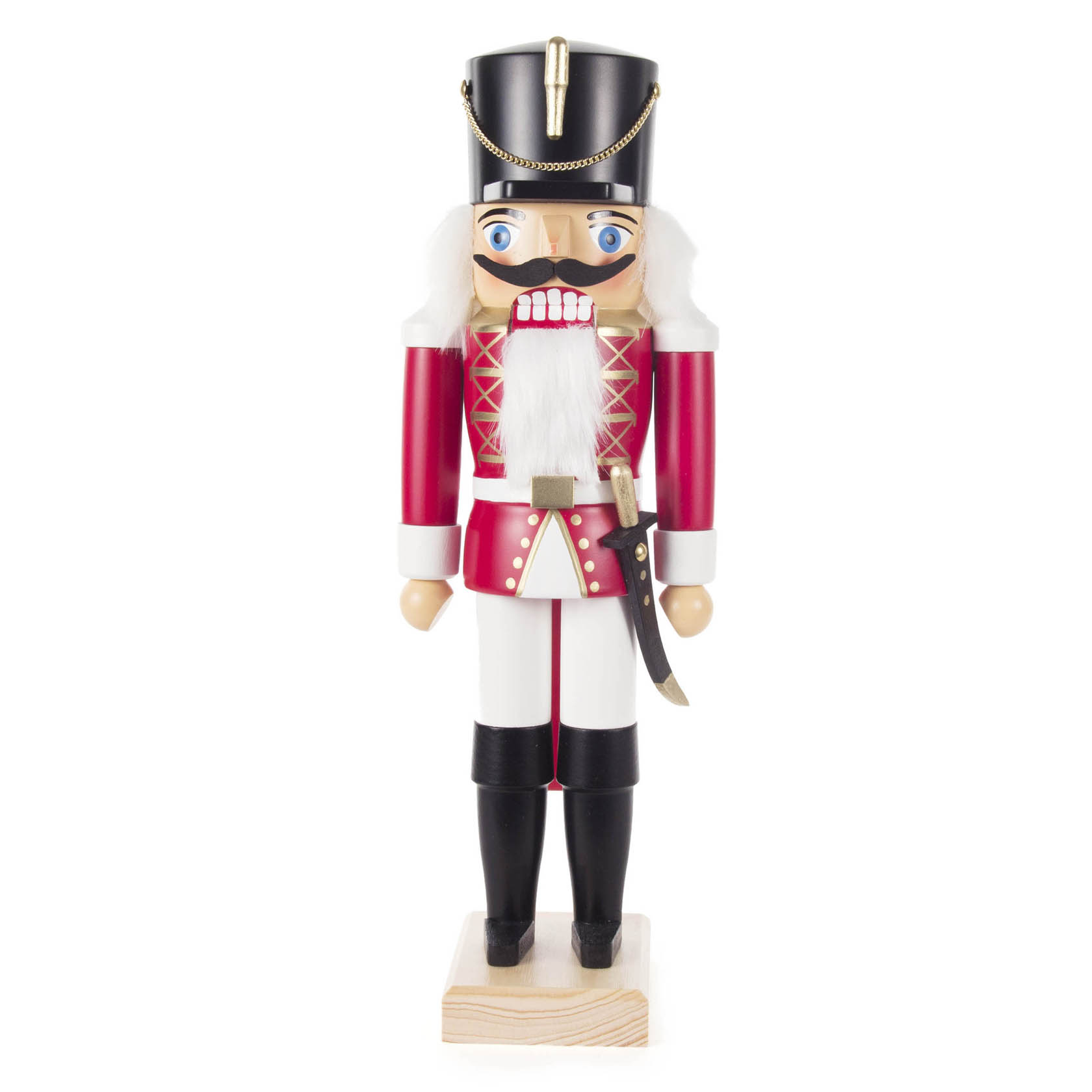 Ein 34 cm hoher roter Nussknacker in der Form eines Husaren mit schwarzem Hut, weißem Haar, rotem Mantel, weißer Hose und schwarzem Stiefeln. Er hält einen Säbel. im Dregeno Online Shop günstig kaufen
