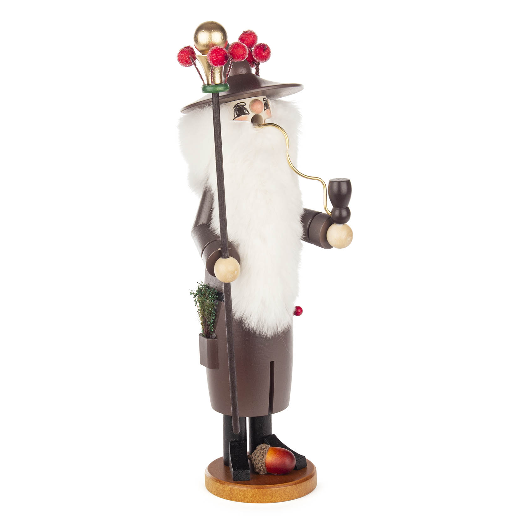 A wooden incense smoker figure depicting a druid with a long white beard, holding a staff and a pipe, wearing a brown robe and hat.