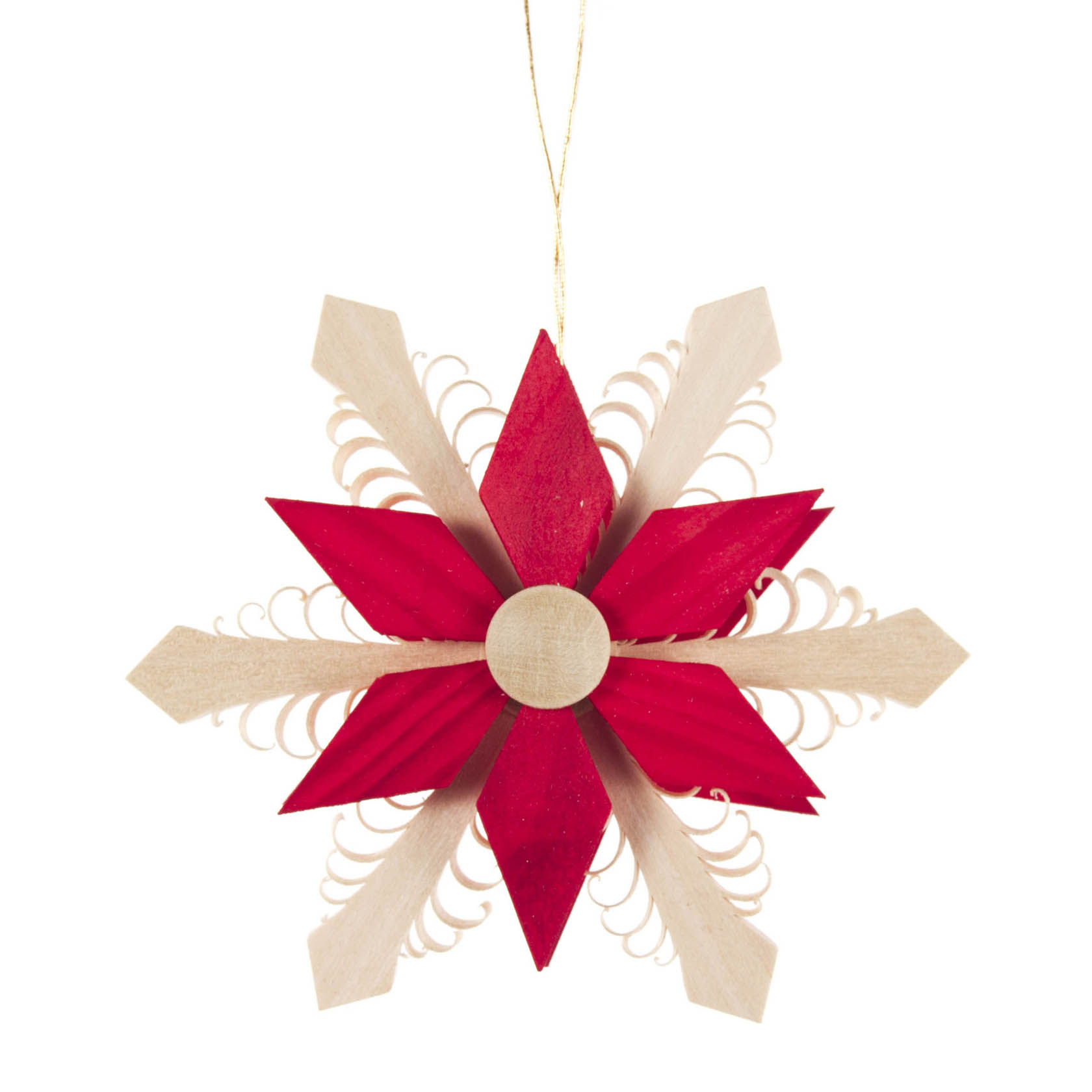 Ein Weihnachtsstern als Dekoration, bestehend aus roten und naturfarbenen Papierstreifen, die zu einem sechszackigen Stern mit kreisförmiger Mitte geformt sind. im Dregeno Online Shop günstig kaufen