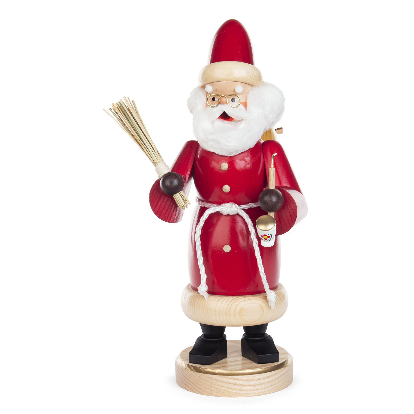 A wooden incense smoker figurine of Santa Claus, wearing a red suit, holding a broom in one hand and a small paint palette in the other. im Dregeno Online Shop günstig kaufen