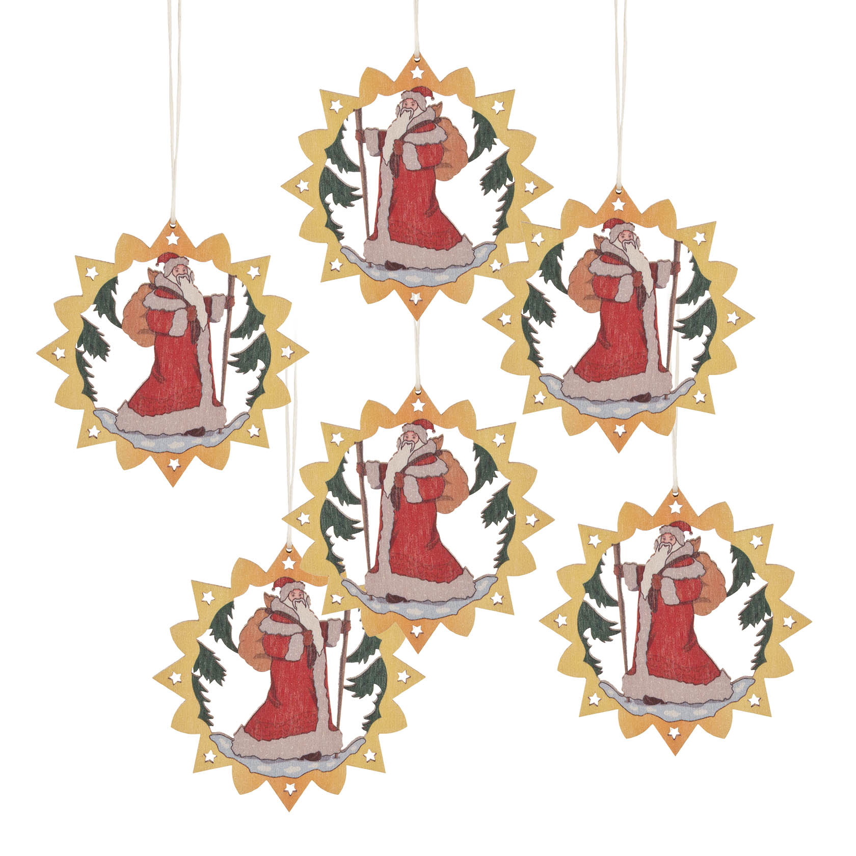 Sechs bunte Anhänger mit dem Motiv eines Weihnachtsmannes in rotem Mantel und Sack über der Schulter, umrahmt von einem sternförmigen Design. im Dregeno Online Shop günstig kaufen
