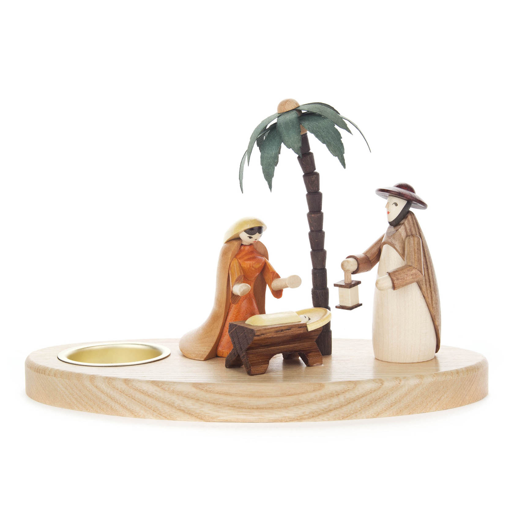 Handgeschnitzte Weihnachtskrippe mit Teelichthalter. Zeigt Maria, Josef und die Krippe mit einem Palmenbaum, alles bunt bemalt, auf einem Holzsockel. im Dregeno Online Shop günstig kaufen