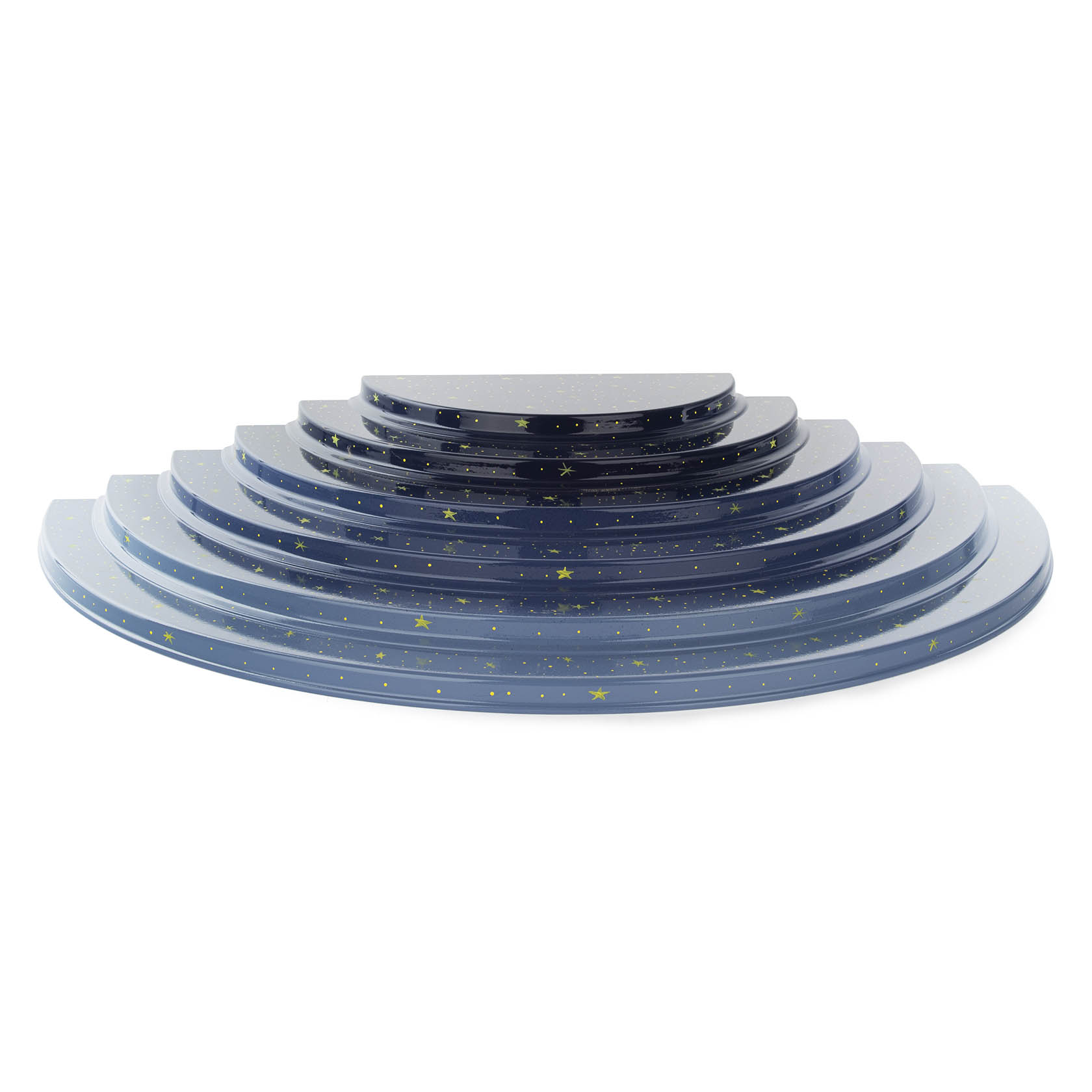 Ein gestuftes, sechsstufiges Dekorationselement in Blautönen mit Sternenmotiv. Das Element hat die Form von halbkreisförmigen Stufen. im Dregeno Online Shop günstig kaufen