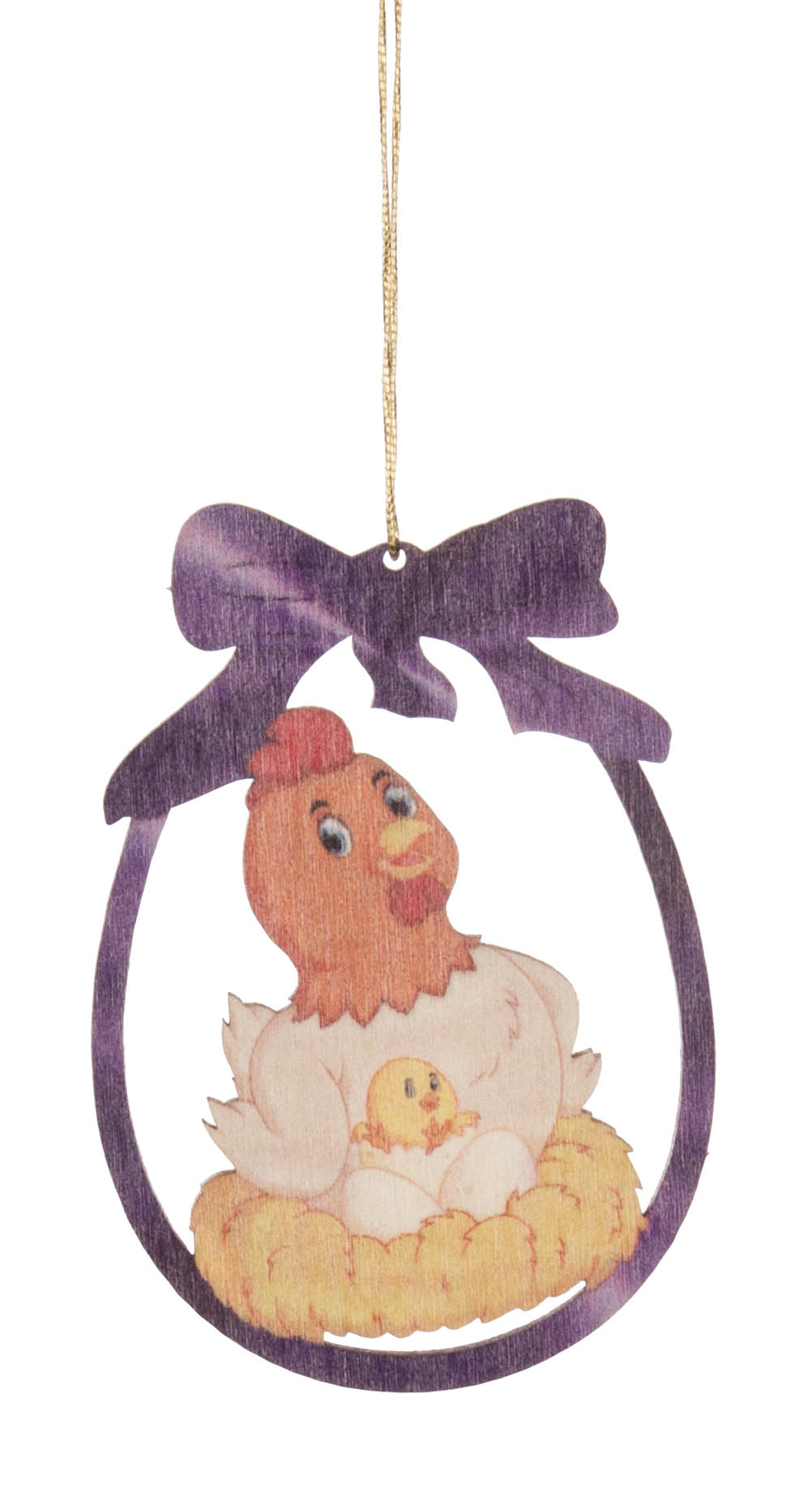Holzornament einer lächelnden Henne im Nest mit einem gelben Küken. Das Ornament ist Ei-förmig mit einer lila Schleife oben. im Dregeno Online Shop günstig kaufen