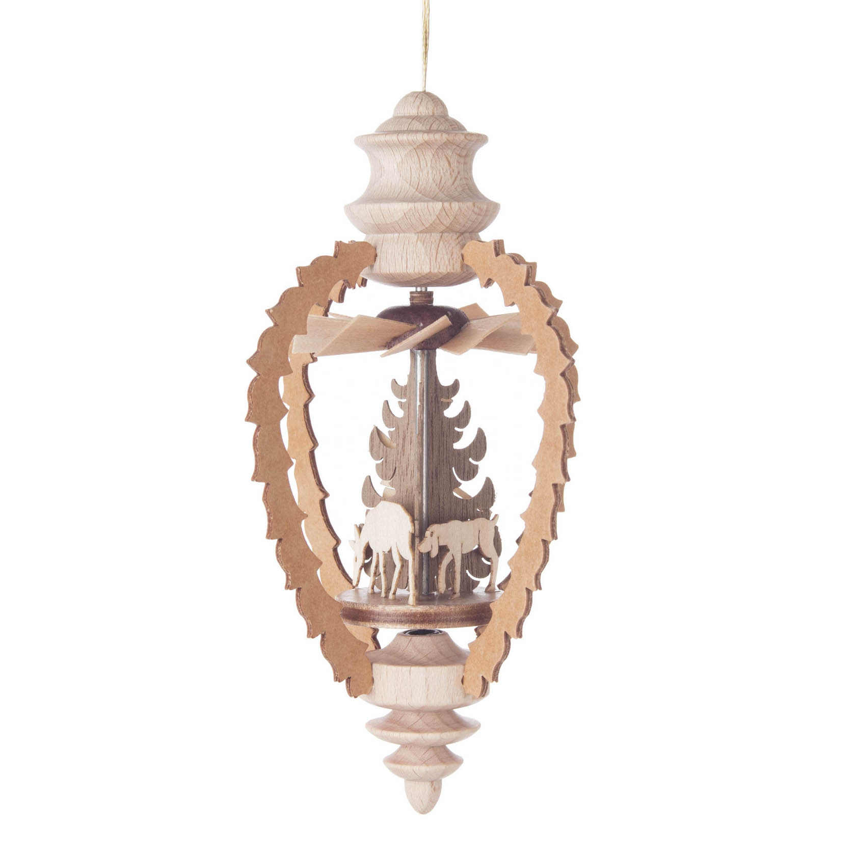 Holzornament in Zapfenform mit drehender Skulptur, die einen Wald mit Rehen zeigt. im Dregeno Online Shop günstig kaufen