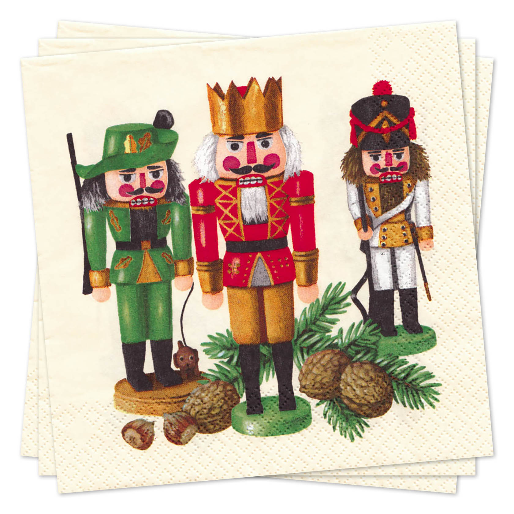 Drei gezeichnete Nussknacker, einer in grüner Jägeruniform, einer in roter Königskleidung, der dritte in weißer Soldatenuniform, stehen auf Servietten. im Dregeno Online Shop günstig kaufen