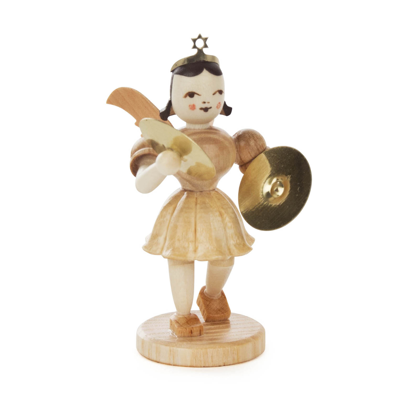 Holzengel mit einem Sterndiadem, hält ein goldenes Becken in jeder Hand und steht auf einem runden Sockel. im Dregeno Online Shop günstig kaufen