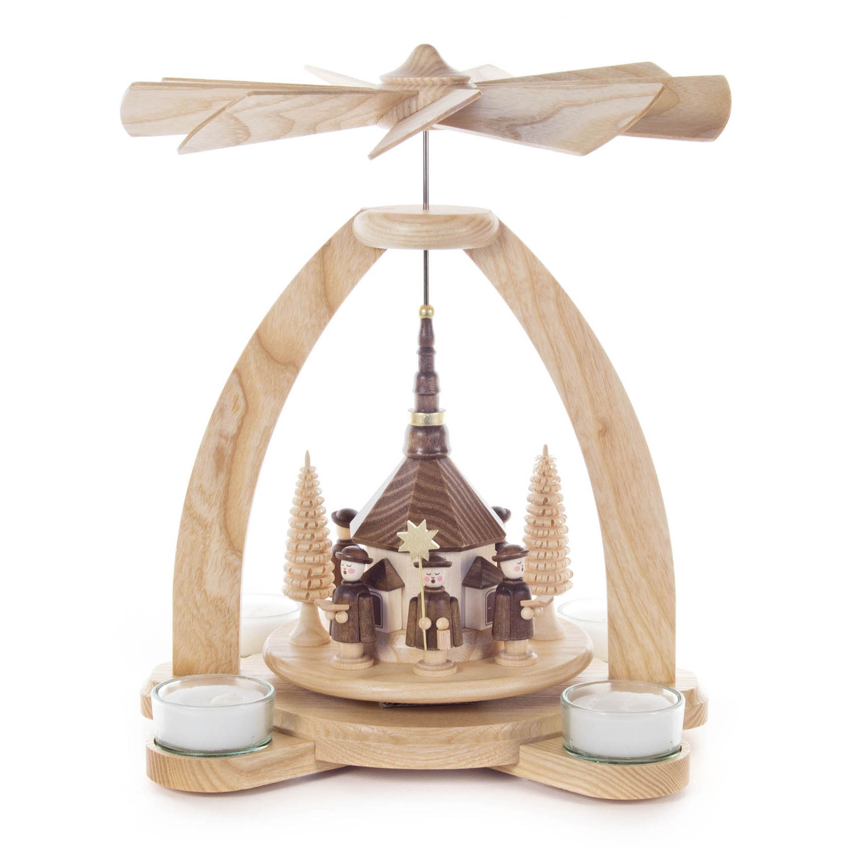 Holzpyramide mit Seiffener Kirche in der Mitte und Kurrendesängern außen, angetrieben von 2 Teelichtern und einem Holzflügelrad oben. im Dregeno Online Shop günstig kaufen