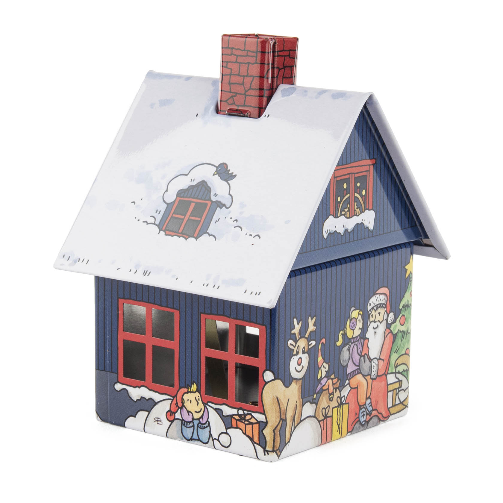 Blaues Räucherhaus aus Metall, dekoriert mit weihnachtlichen Motiven wie Weihnachtsmann, Rentier und spielenden Kindern. Weißes Dach mit Schnee und Schornstein.