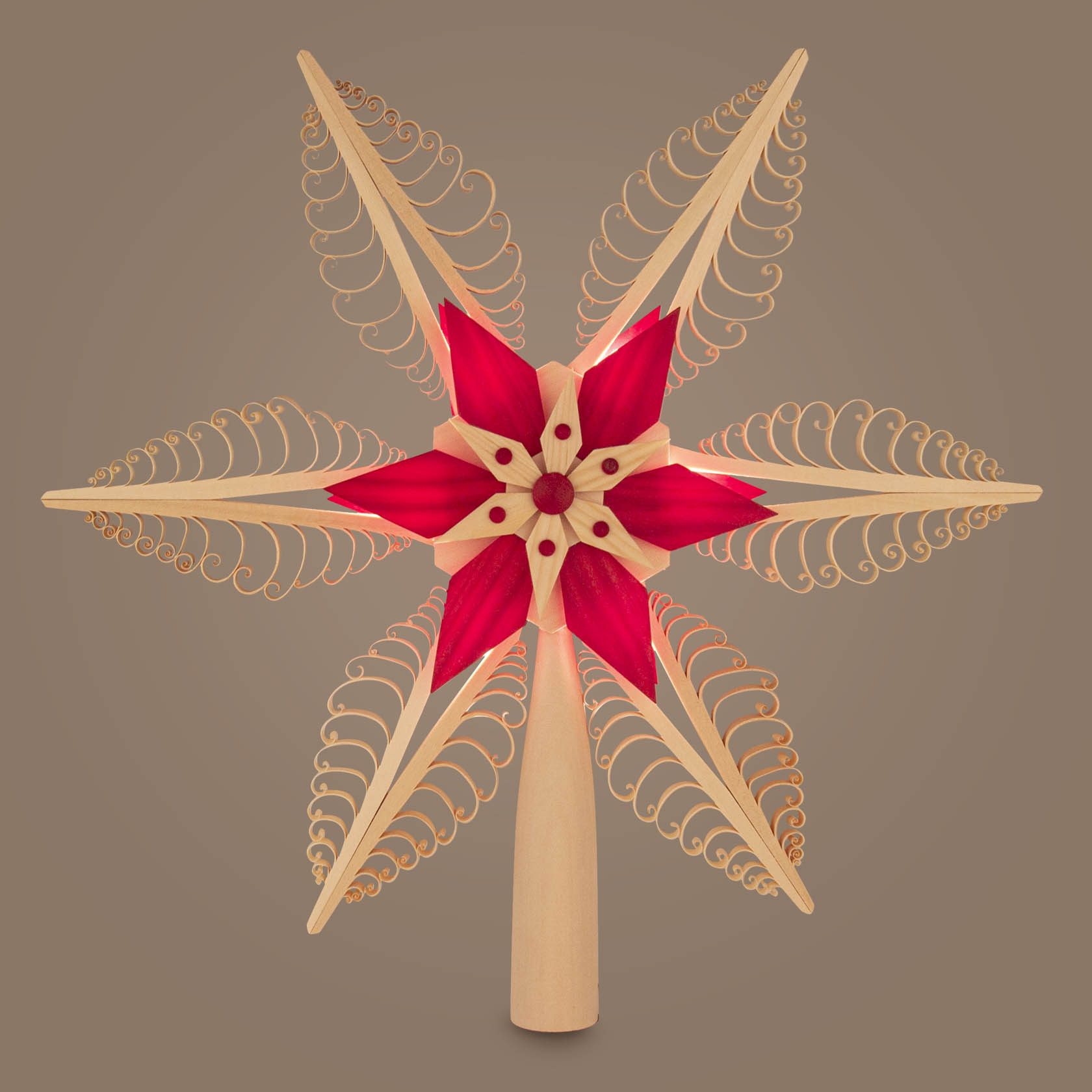 Rote und naturbelassene Spanstern-Christbaumspitze mit elektrischer Beleuchtung, Durchmesser 32 cm.