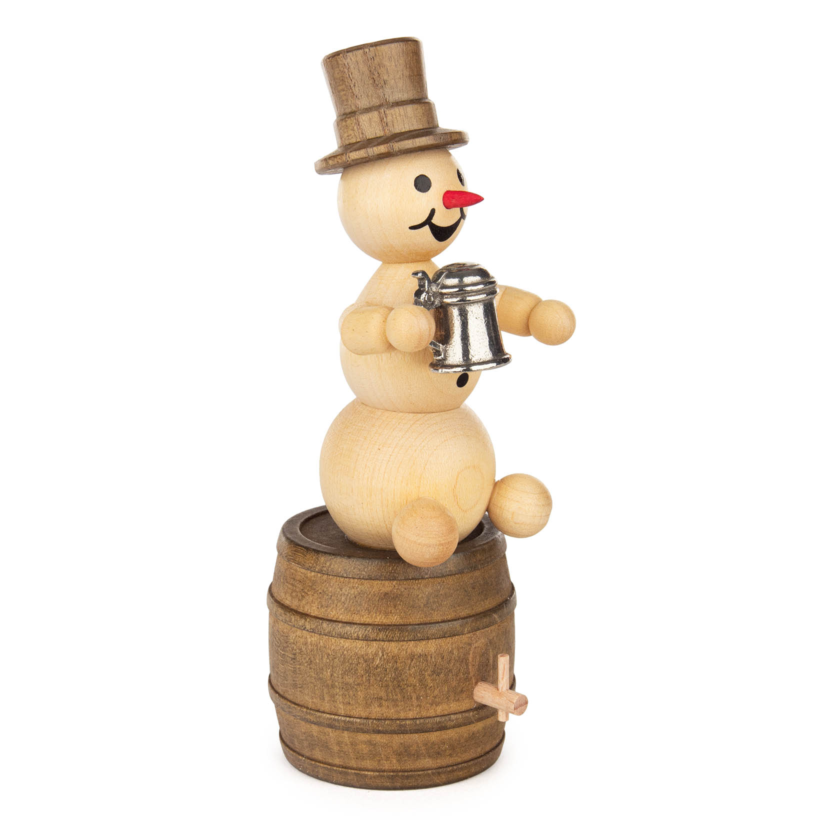 Schneemann mit Krug auf Fass