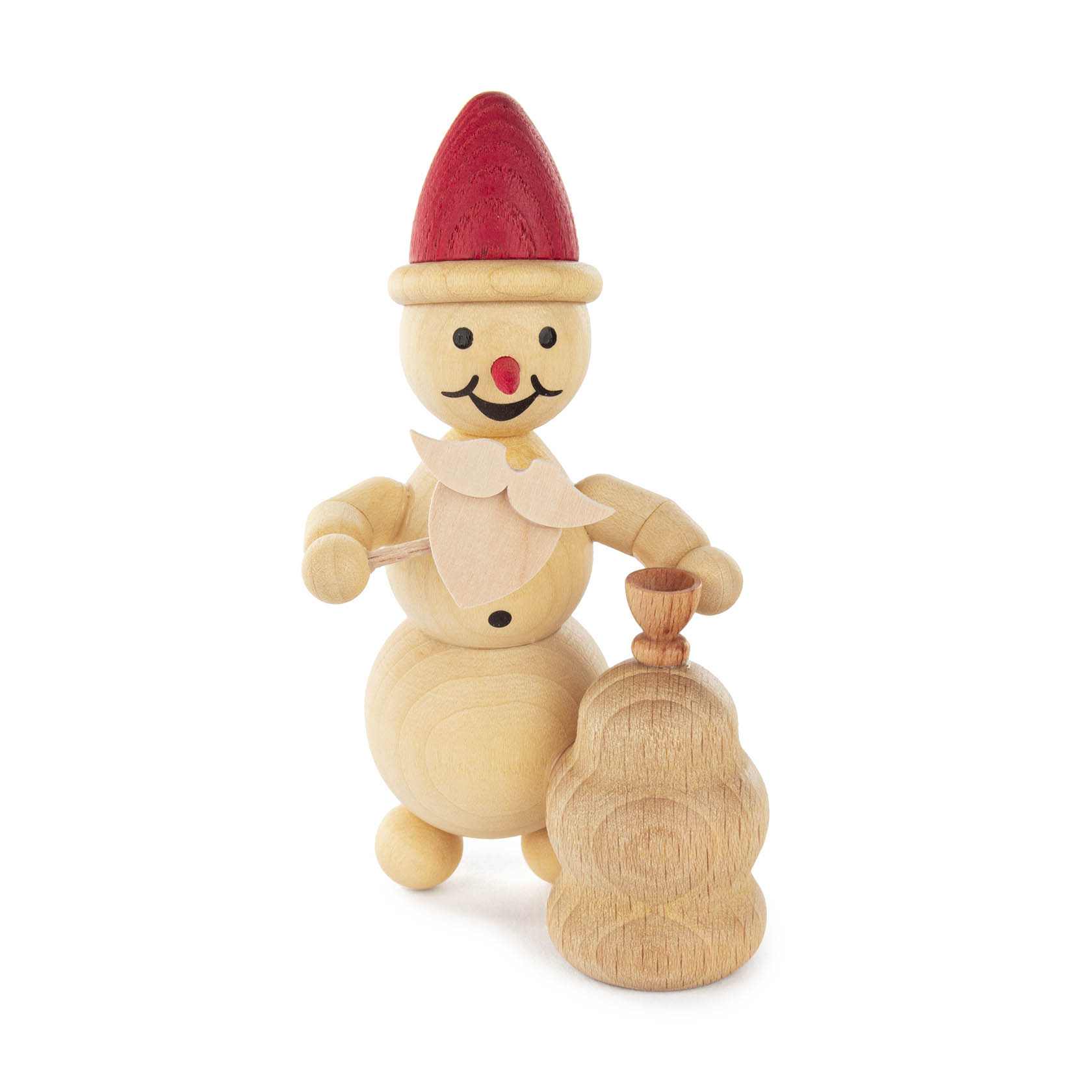 Niedlicher Holzschneemann als Weihnachtsmann verkleidet, mit roter Mütze, Bart und einem prall gefüllten Sack. im Dregeno Online Shop günstig kaufen