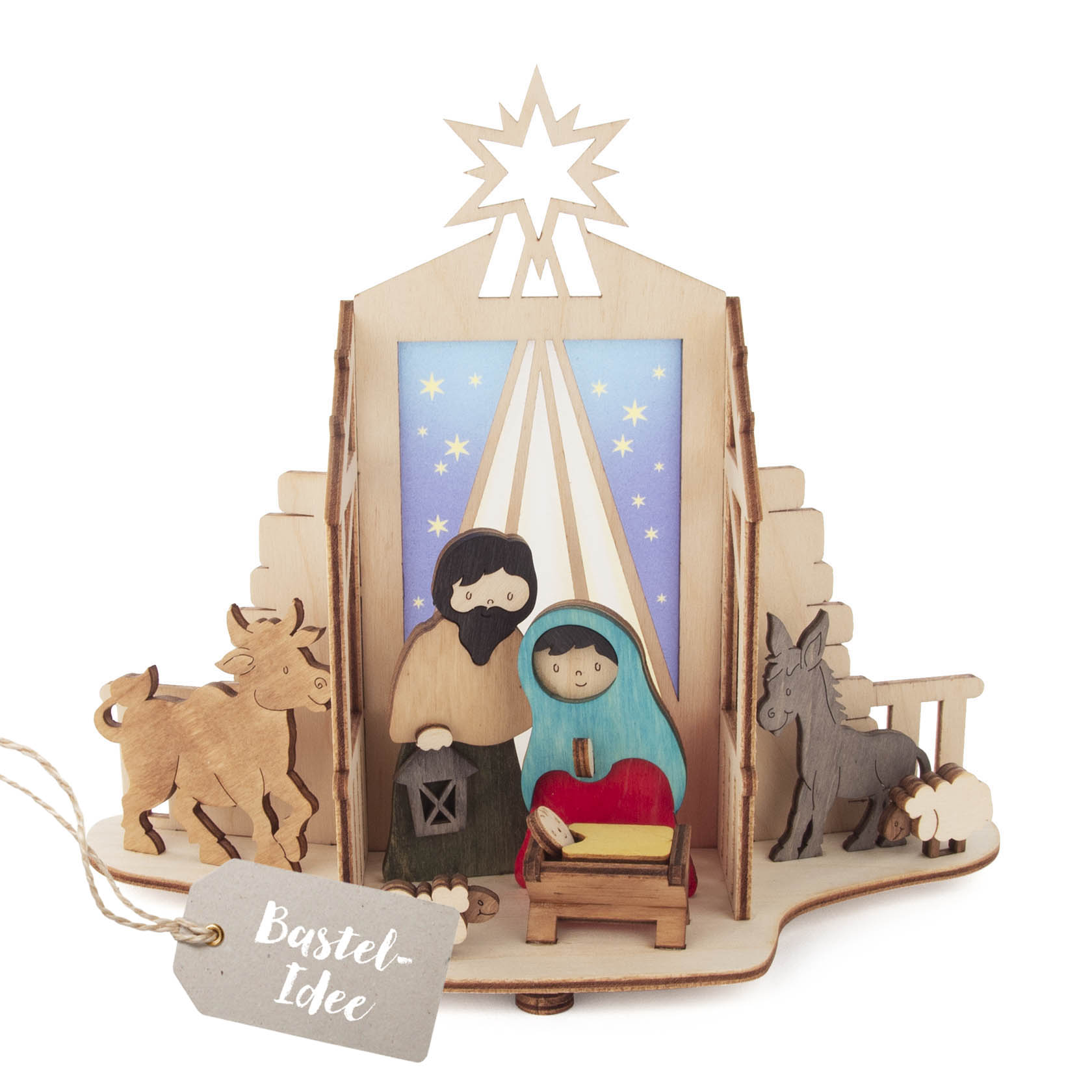 Wooden nativity scene with Joseph, Mary, and baby Jesus in a manger, surrounded by an ox, donkey, and sheep, with a star overhead. im Dregeno Online Shop günstig kaufen