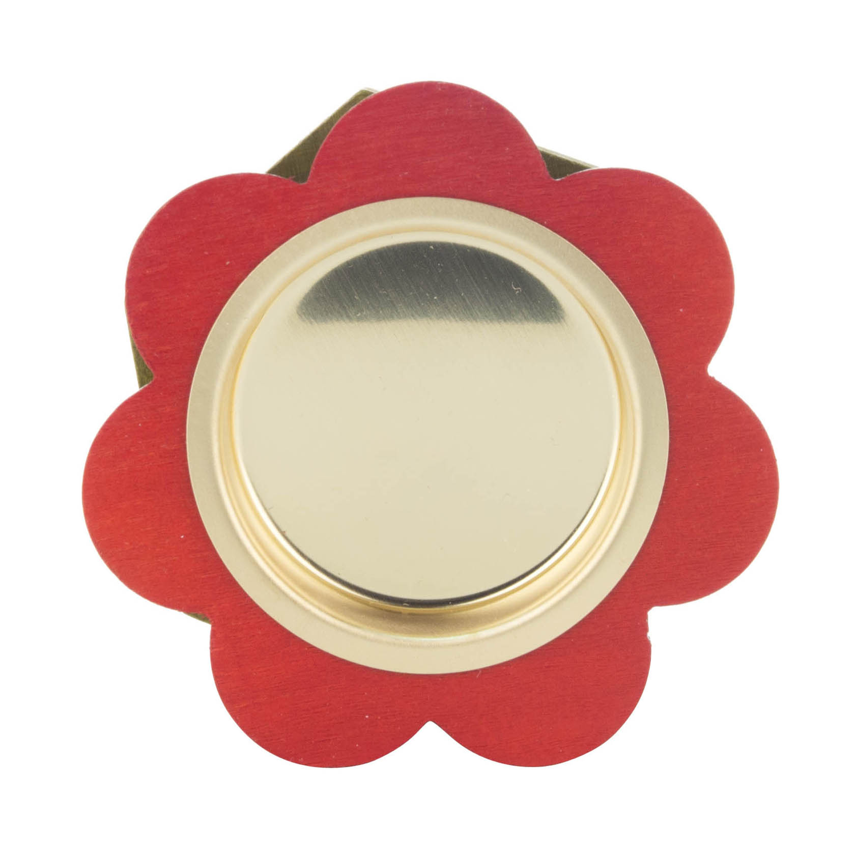 Ein Teelichthalter in Blumenform mit rotem Blütenblattdesign und einem goldenen runden Einsatz in der Mitte, der das Teelicht hält. im Dregeno Online Shop günstig kaufen