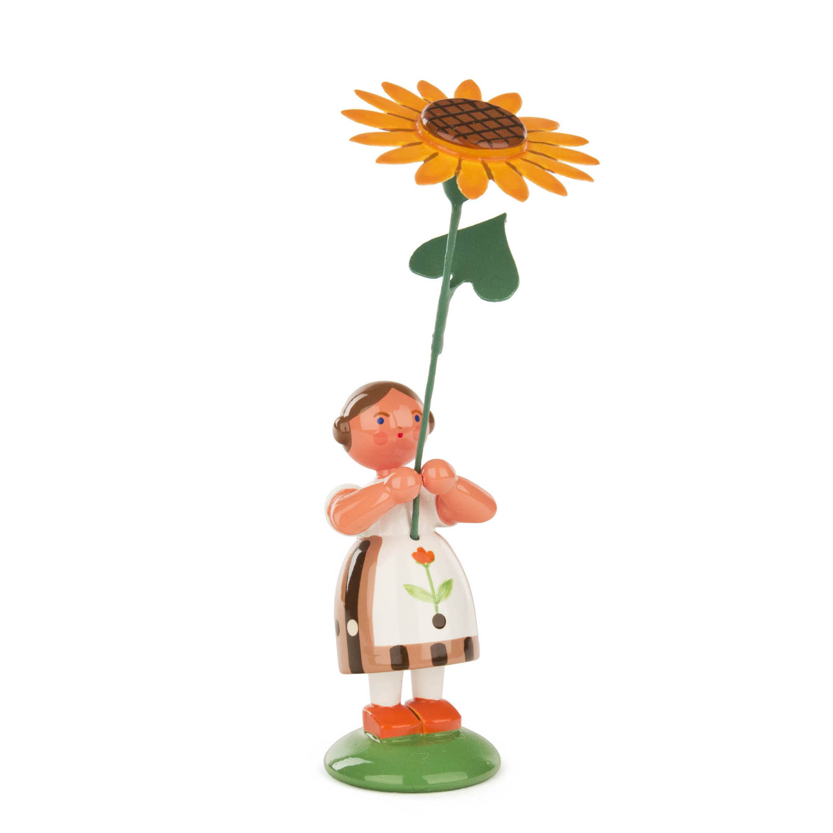 Eine Holzfigur eines Mädchens im Dirndl hält eine große Sonnenblume. Die Figur steht auf einem grünen Sockel. im Dregeno Online Shop günstig kaufen