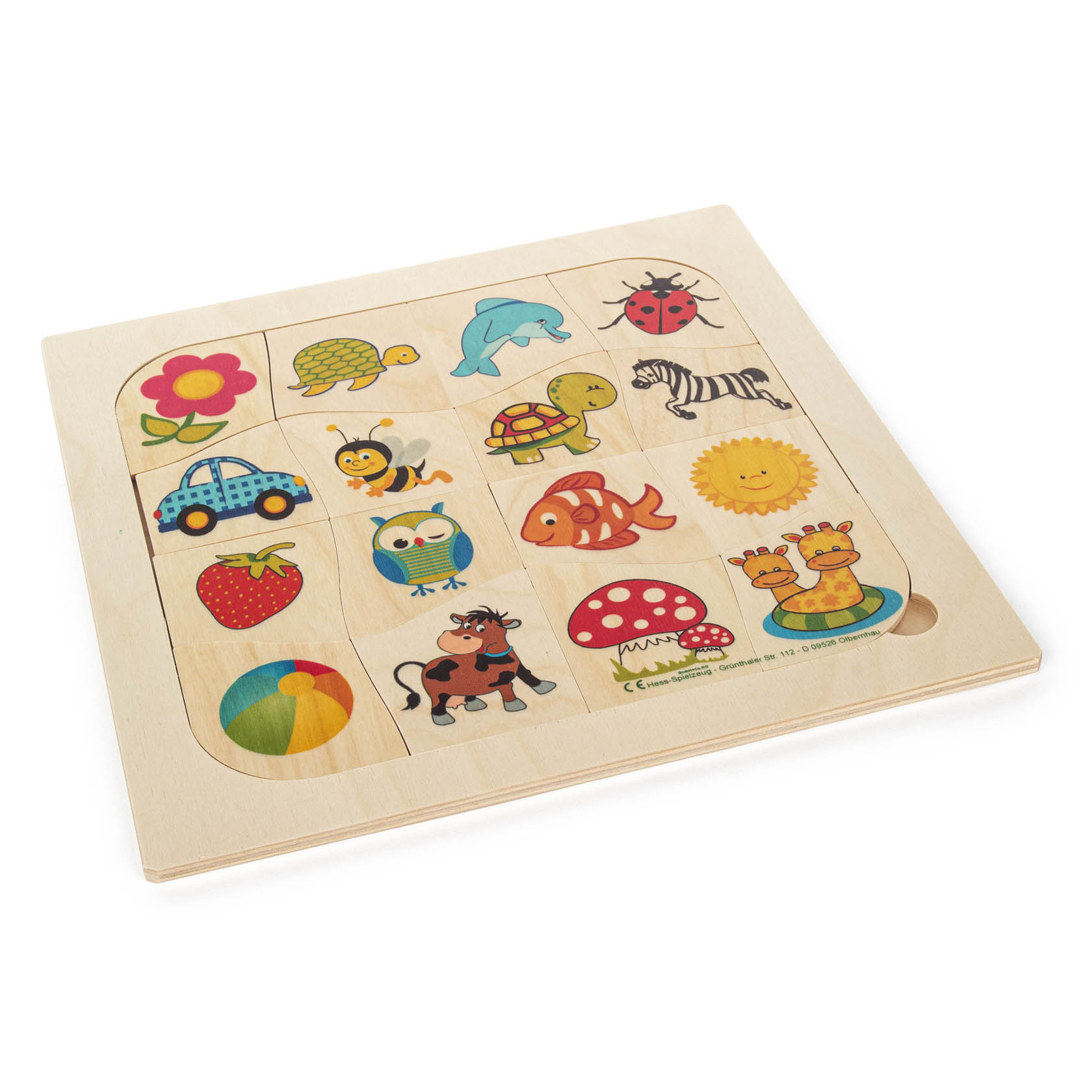 Holzpuzzle mit 16 bunten Bildteilen: Blume, Schildkröte, Delphin, Marienkäfer, Auto, Biene, Frosch, Zebra, Erdbeere, Eule, Fisch, Sonne, Ball, Kuh, Pilz, Krone. im Dregeno Online Shop günstig kaufen