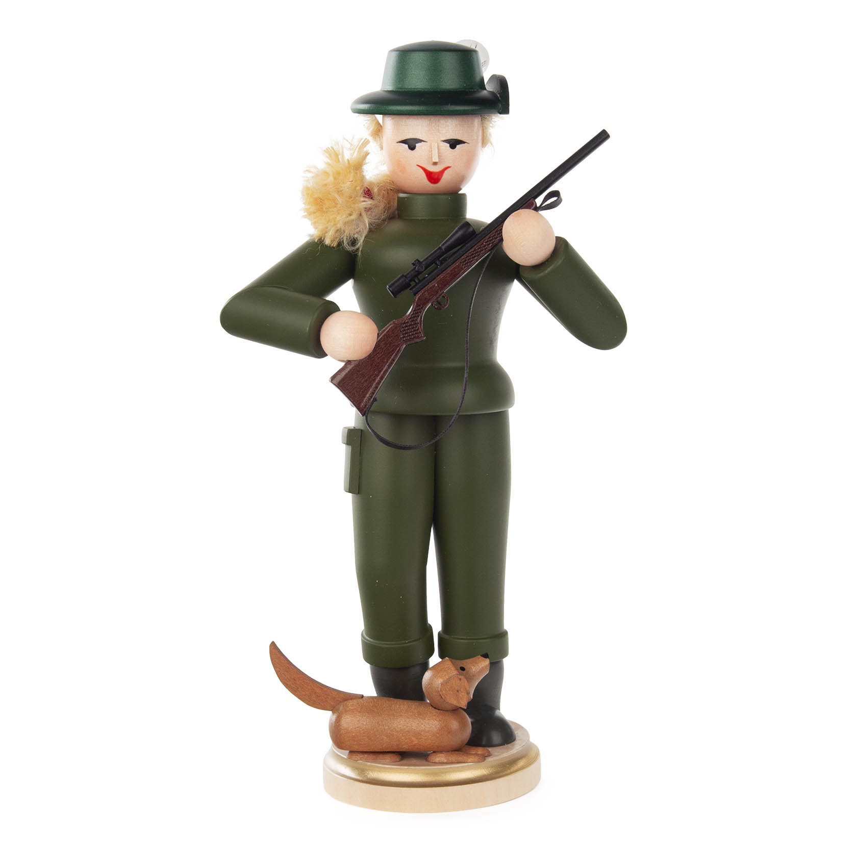 Holzräucherfigur in Form einer Jägerin mit grünem Outfit, Gewehr und Dackel zu ihren Füßen. im Dregeno Online Shop günstig kaufen
