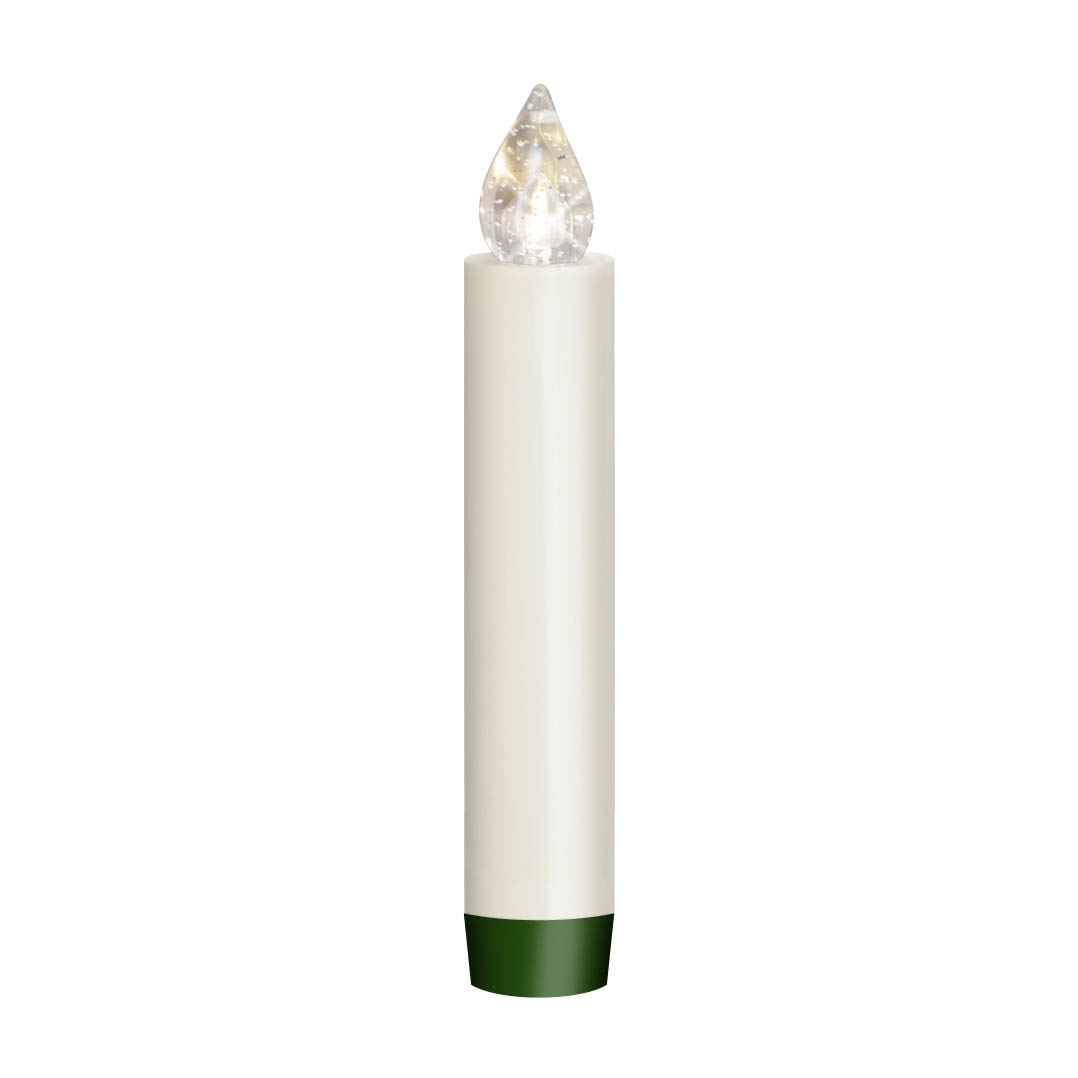 Eine elfenbeinfarbene, große LUMIX Kerze mit einer klaren, flammenförmigen Spitze und grünem Sockel. im Dregeno Online Shop günstig kaufen
