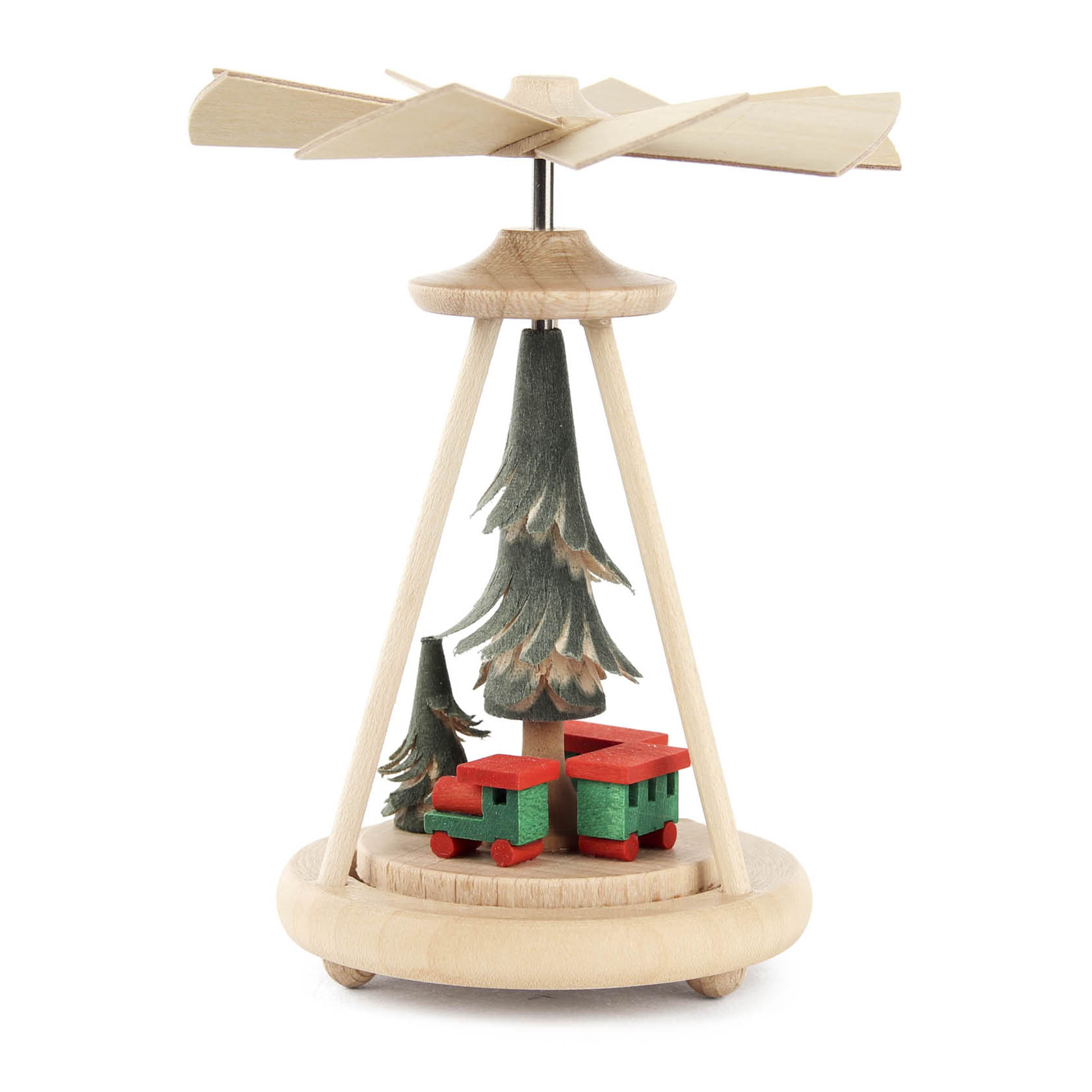 Dekoratives Wärmespiel aus Holz, zeigt eine rot-grüne Eisenbahn umgeben von kleinen Tannenbäumen, mit Propeller oben zur Luftzirkulation. im Dregeno Online Shop günstig kaufen