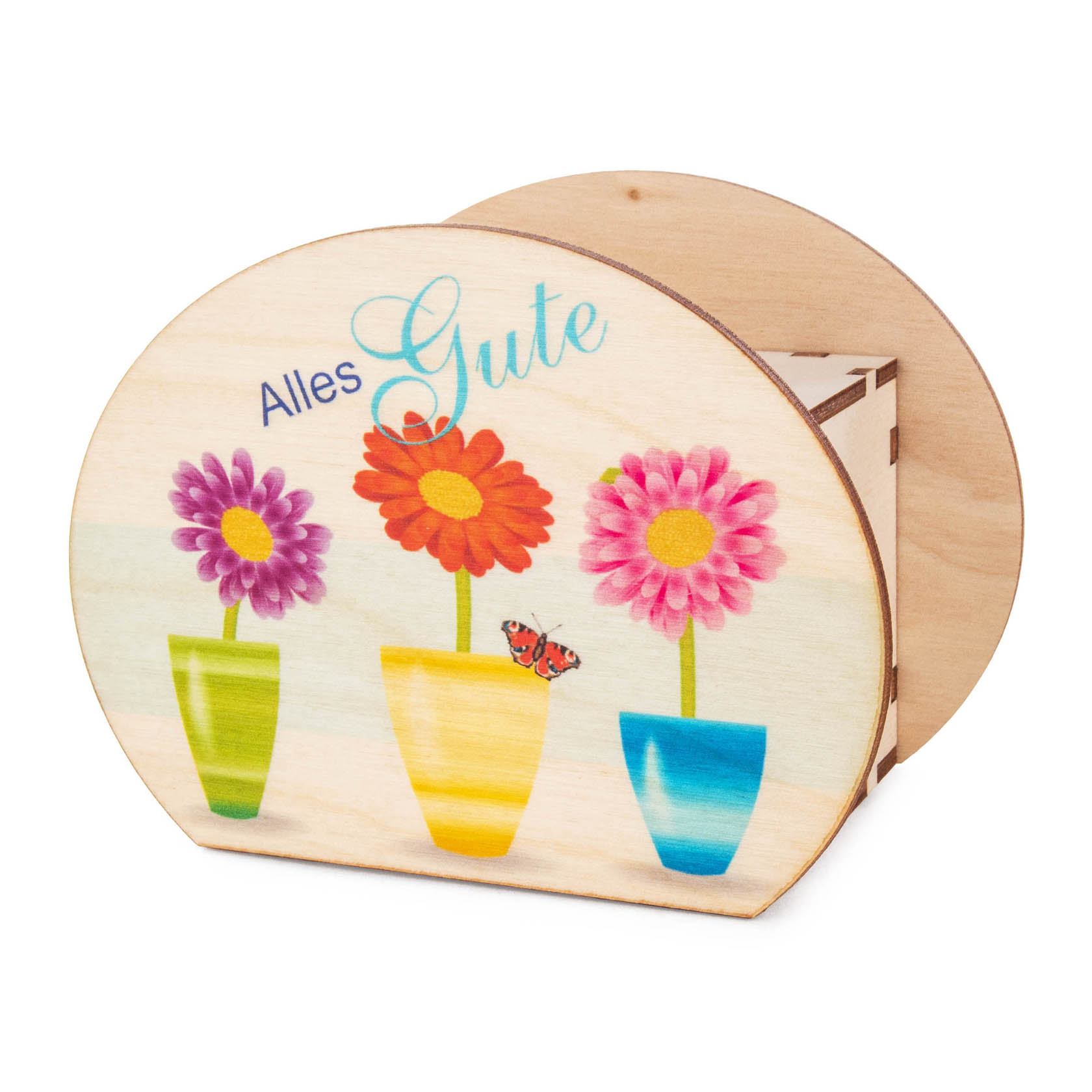 Holzspardose mit drei bunten Blumen in Vasen und der Aufschrift 'Alles Gute', eine Schmetterling Abbildung steht daneben. im Dregeno Online Shop günstig kaufen